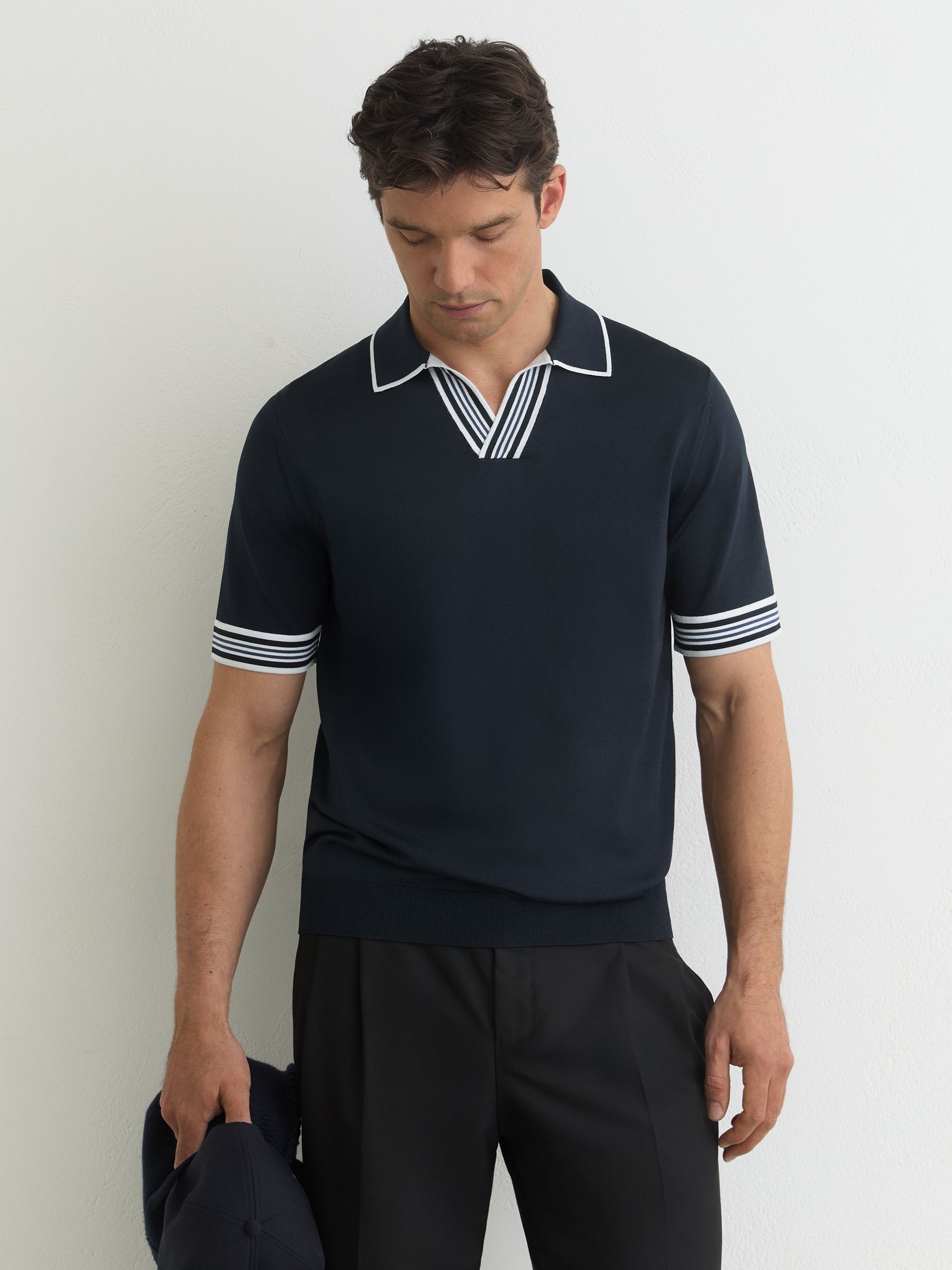 Tipped Open-Collar Knitted Polo Shirt in Navy - image 2