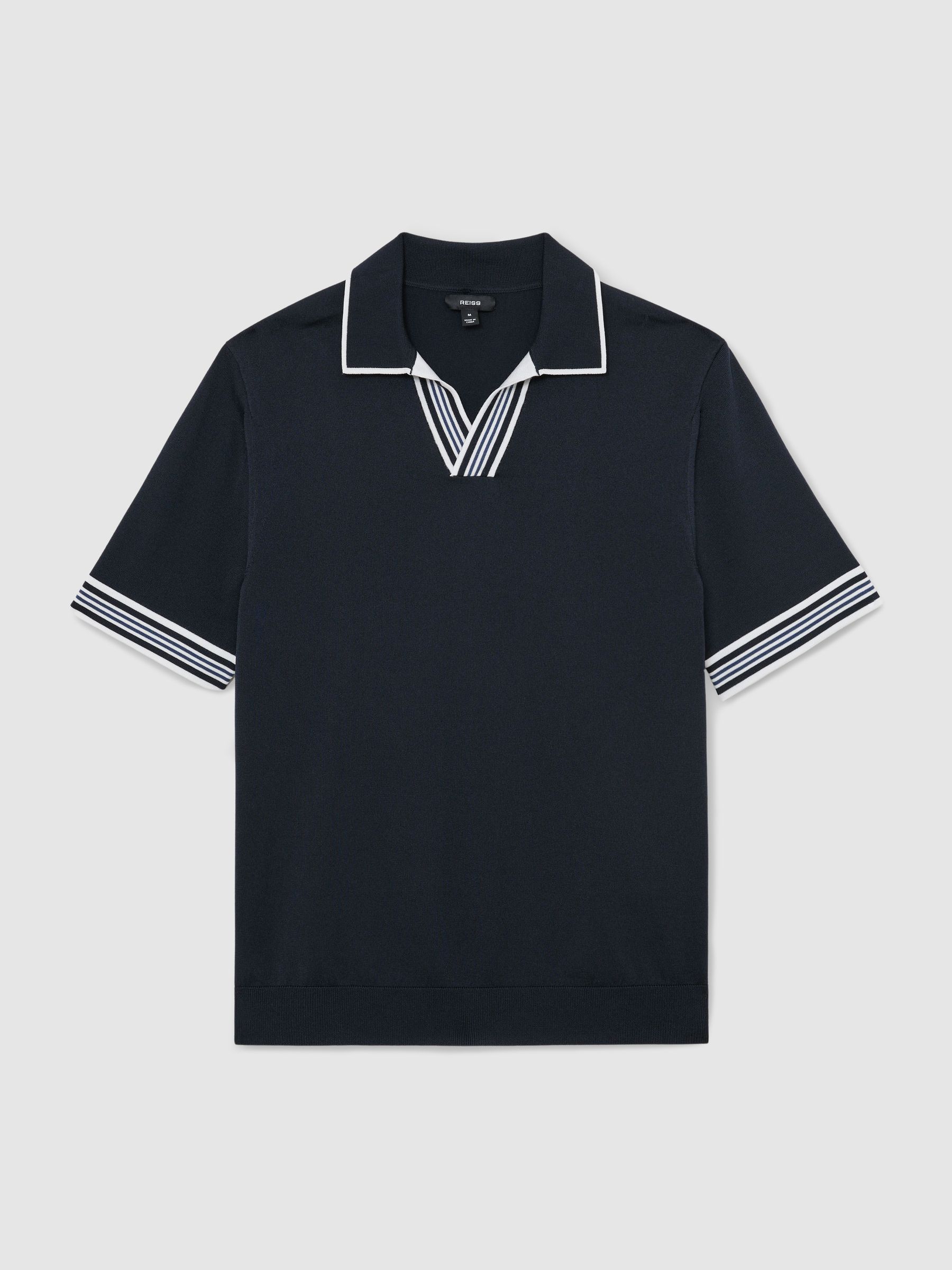 Tipped Open-Collar Knitted Polo Shirt in Navy