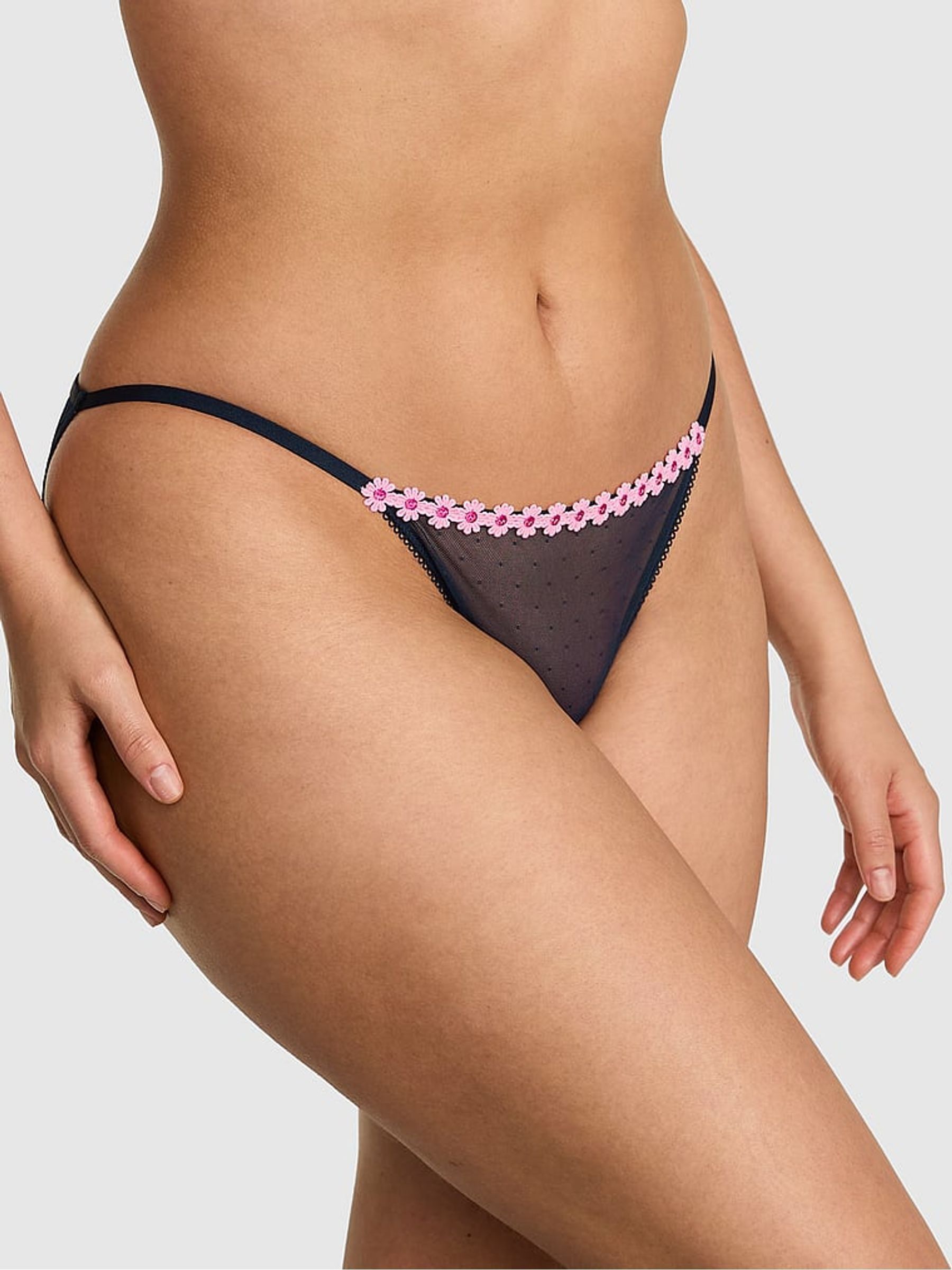 Noir Navy Blue String Bikini Daisy Embroidery Knickers - Image 1 of 3