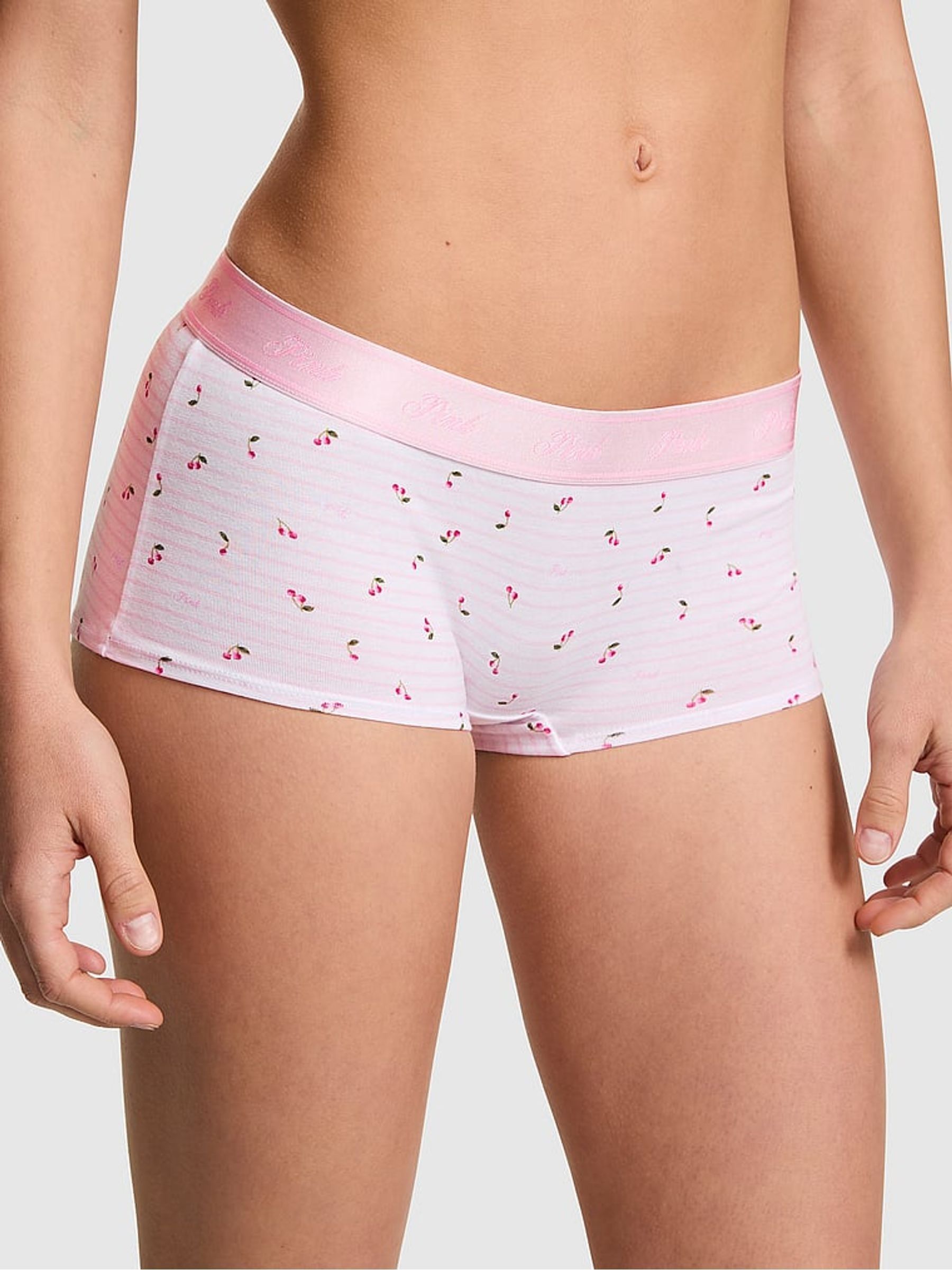 Pink Tulip Cherry Print Boyshort Cotton Logo Knickers - Image 1 of 2