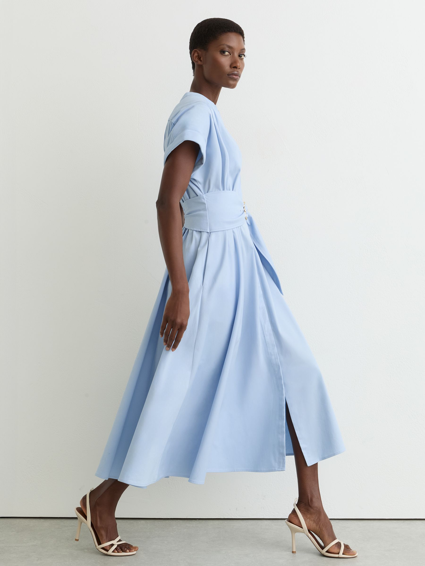 Cotton Short-Sleeve Belted Midi Dress with Stretch in Blue - Image 1 of 7