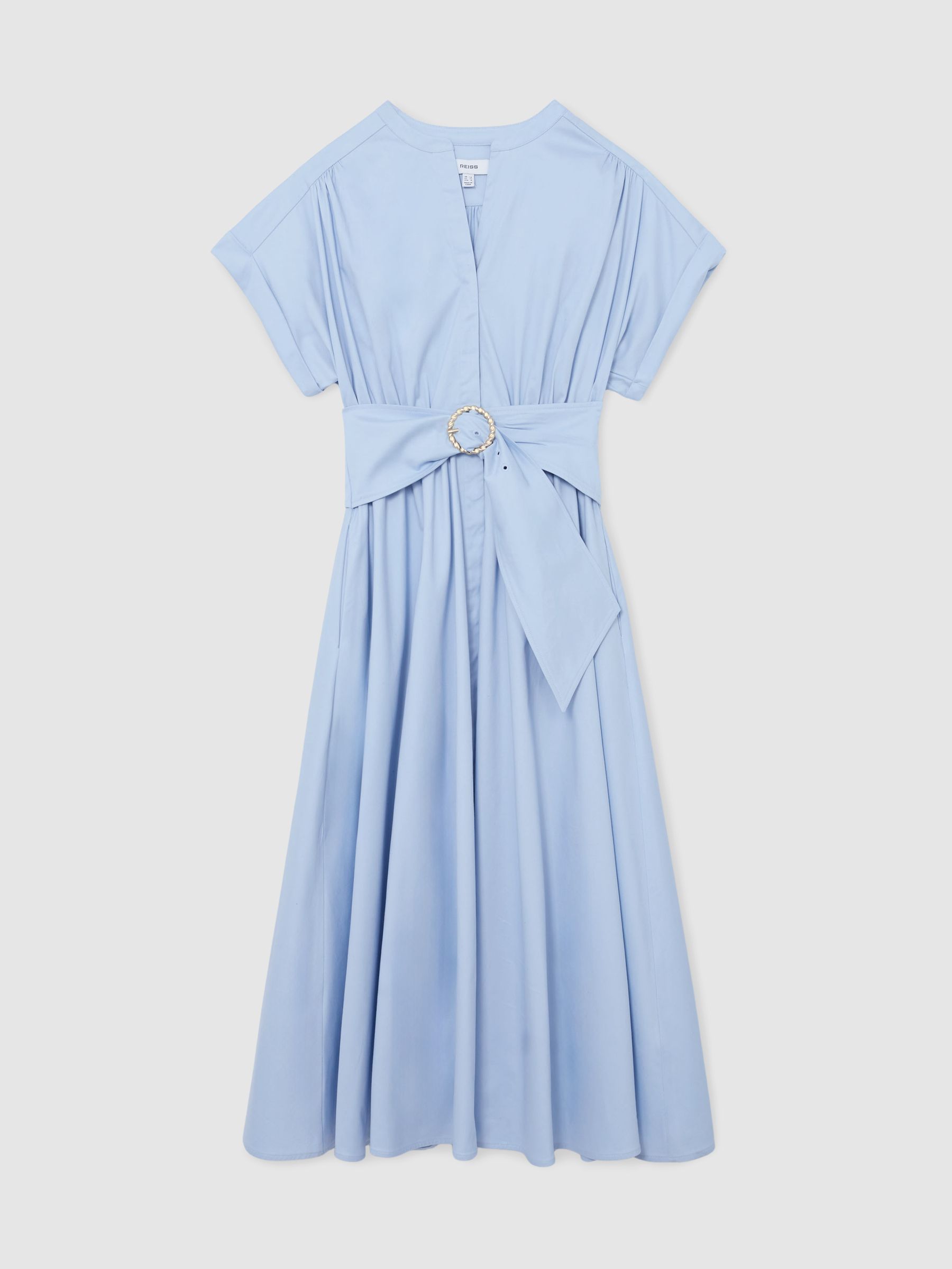 Cotton Short-Sleeve Belted Midi Dress with Stretch in Blue - Image 2 of 7