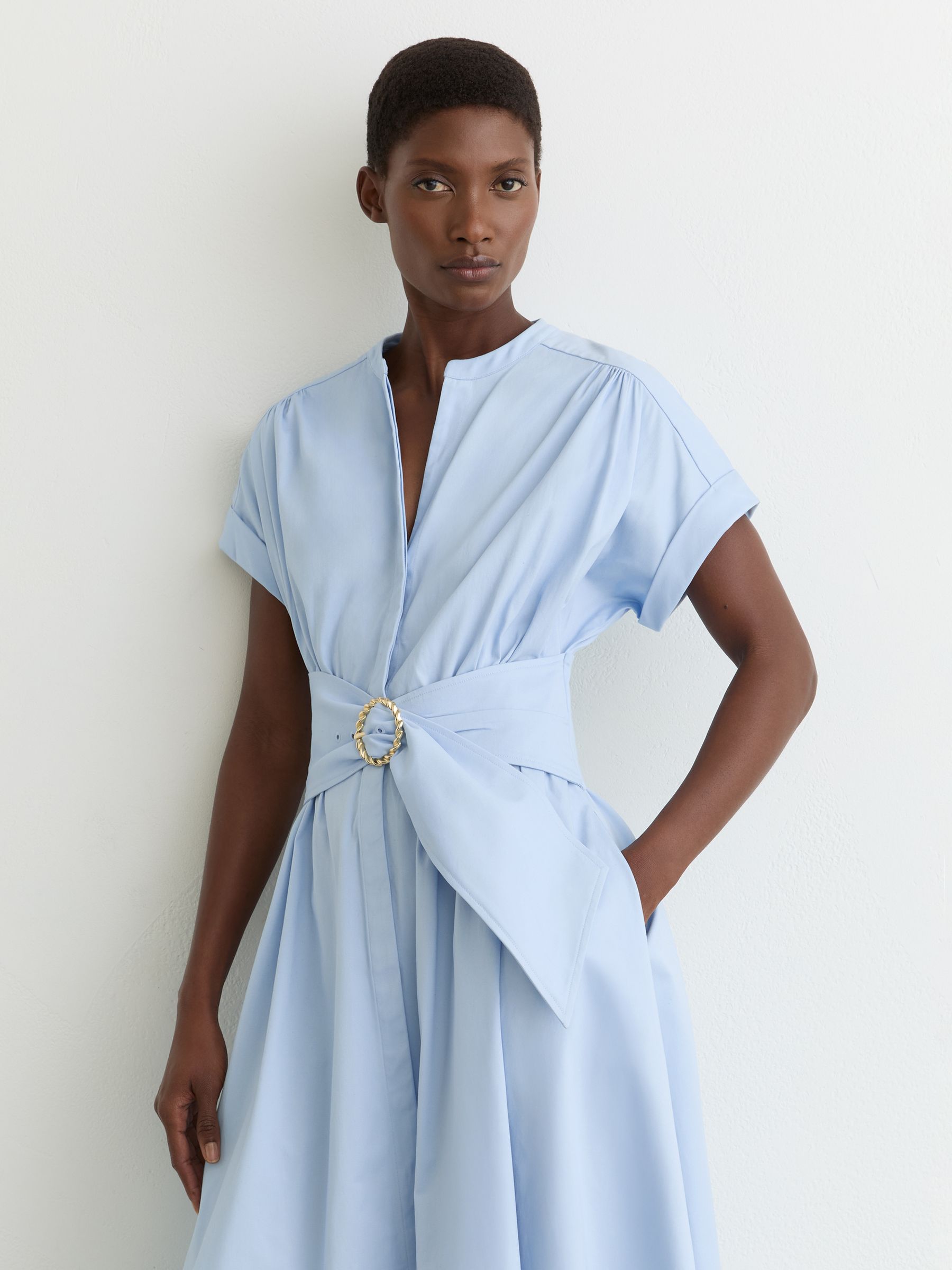 Cotton Short-Sleeve Belted Midi Dress with Stretch in Blue - Image 3 of 7