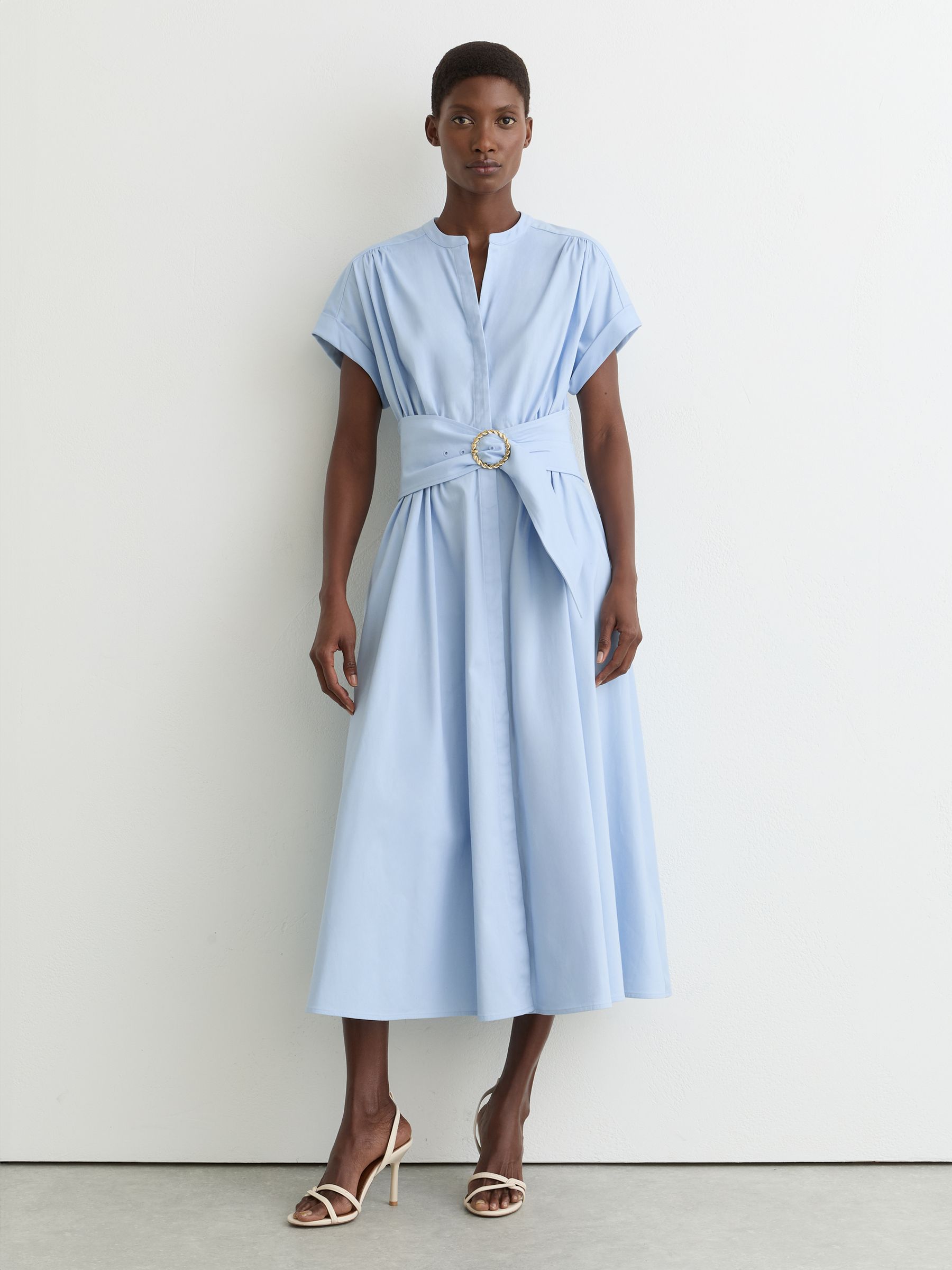 Cotton Short-Sleeve Belted Midi Dress with Stretch in Blue - image 5