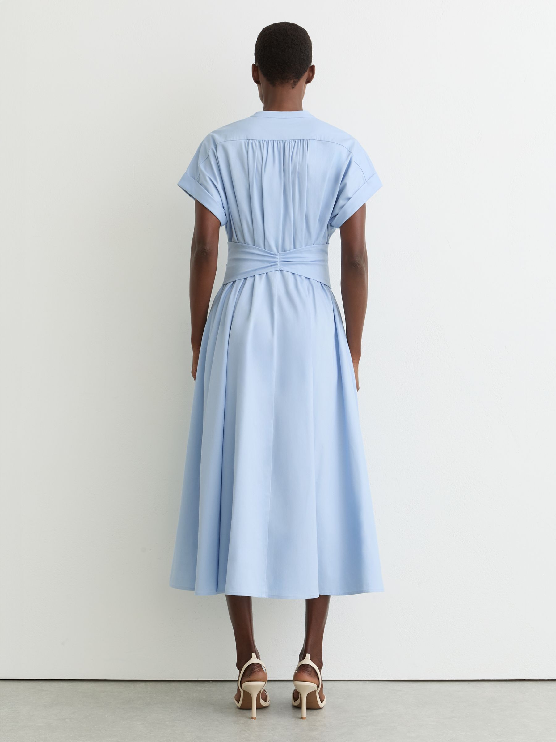 Cotton Short-Sleeve Belted Midi Dress with Stretch in Blue - Image 6 of 7