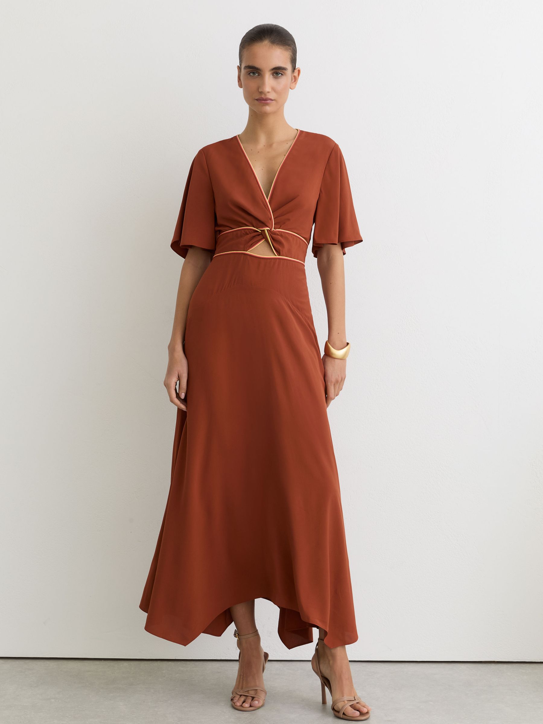 Piped-Trim Cut-Out Midi Dress in Rust Orange - Image 1 of 6