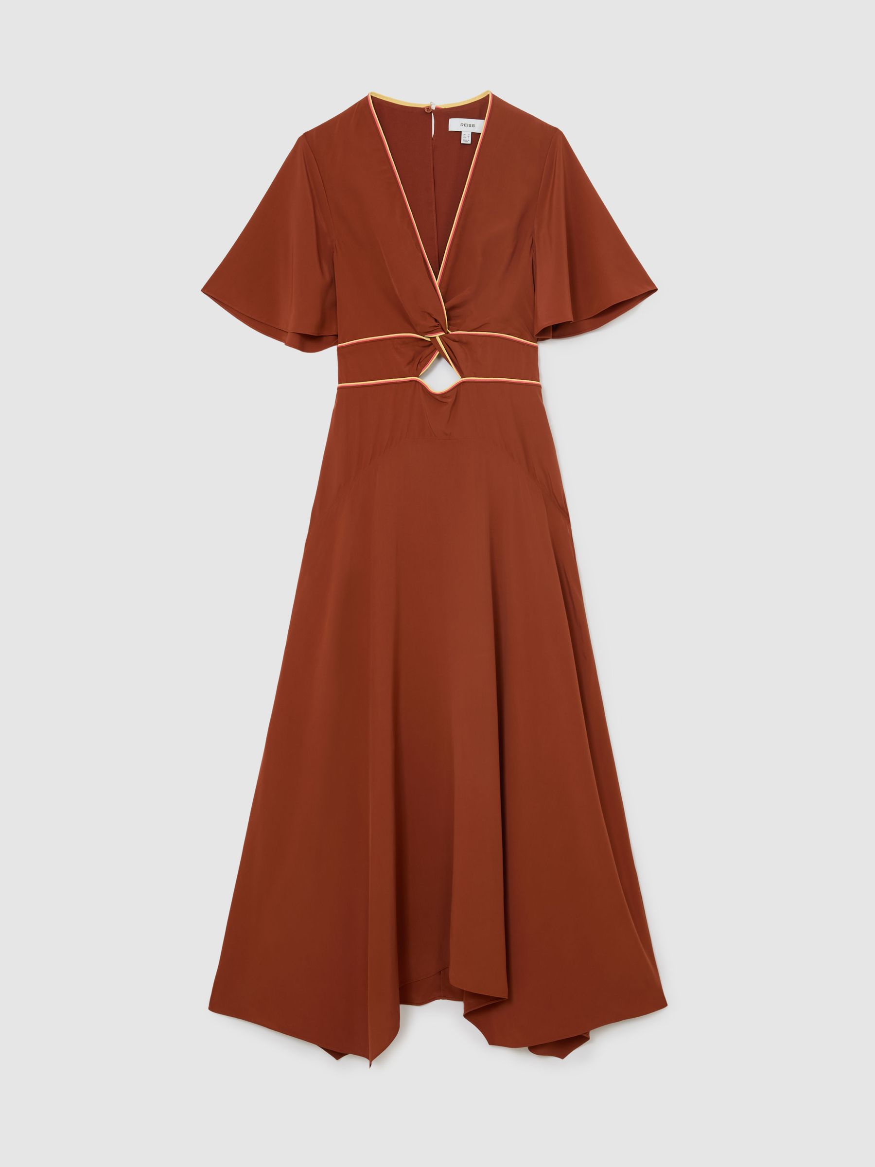 Piped-Trim Cut-Out Midi Dress in Rust Orange - Image 2 of 6