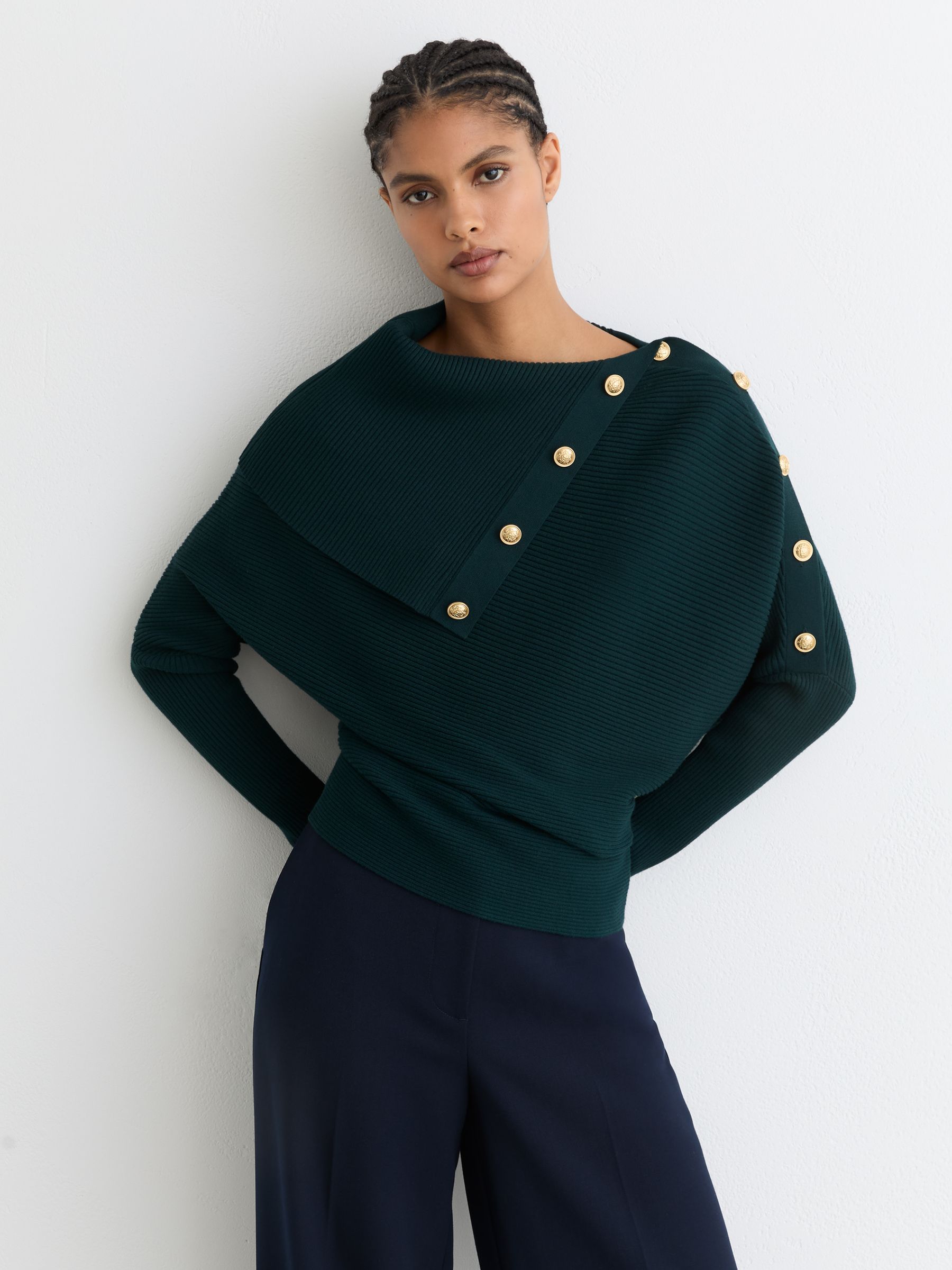 Rib-Knit Button Shawl Jumper in Teal Blue - Image 1 of 6