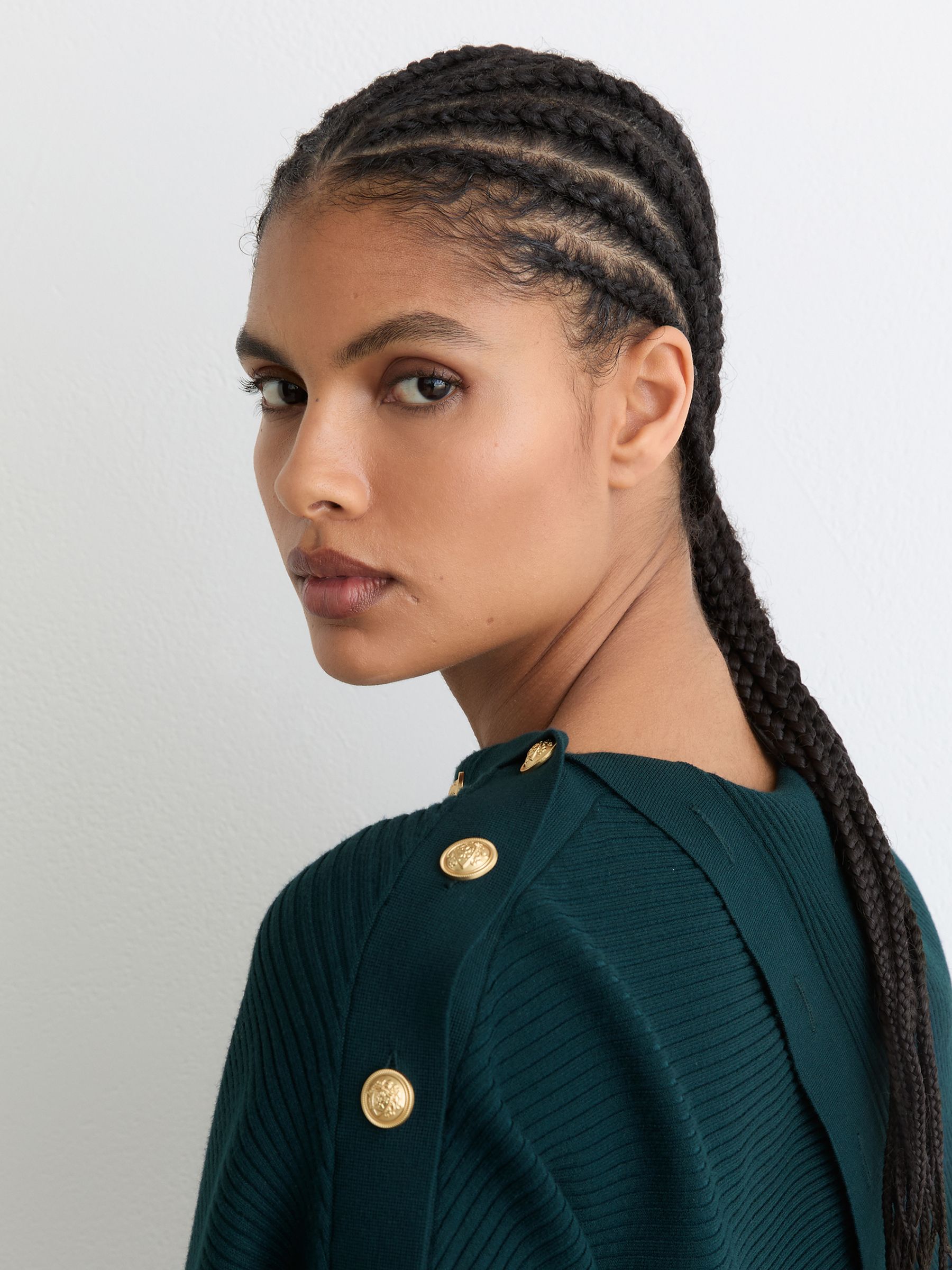 Rib-Knit Button Shawl Jumper in Teal Blue - Image 4 of 6