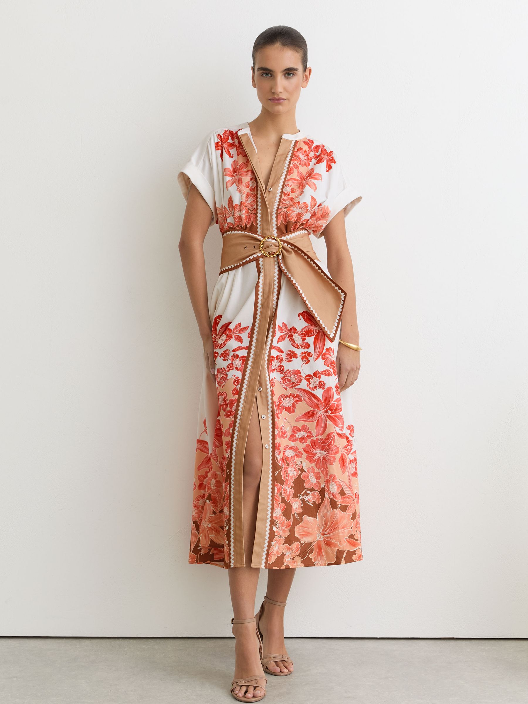 Cotton Floral Belted Midi Dress with Stretch in Pink/Ivory - Image 1 of 7