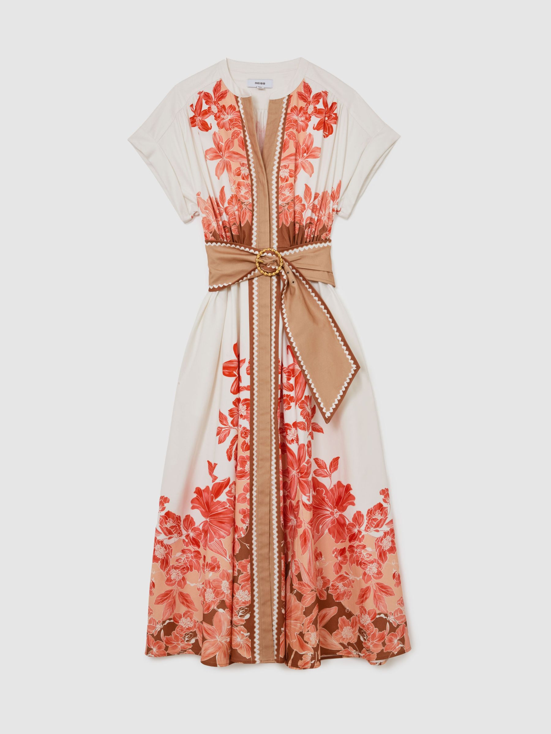 Cotton Floral Belted Midi Dress with Stretch in Floral Pink/Ivory - image 1