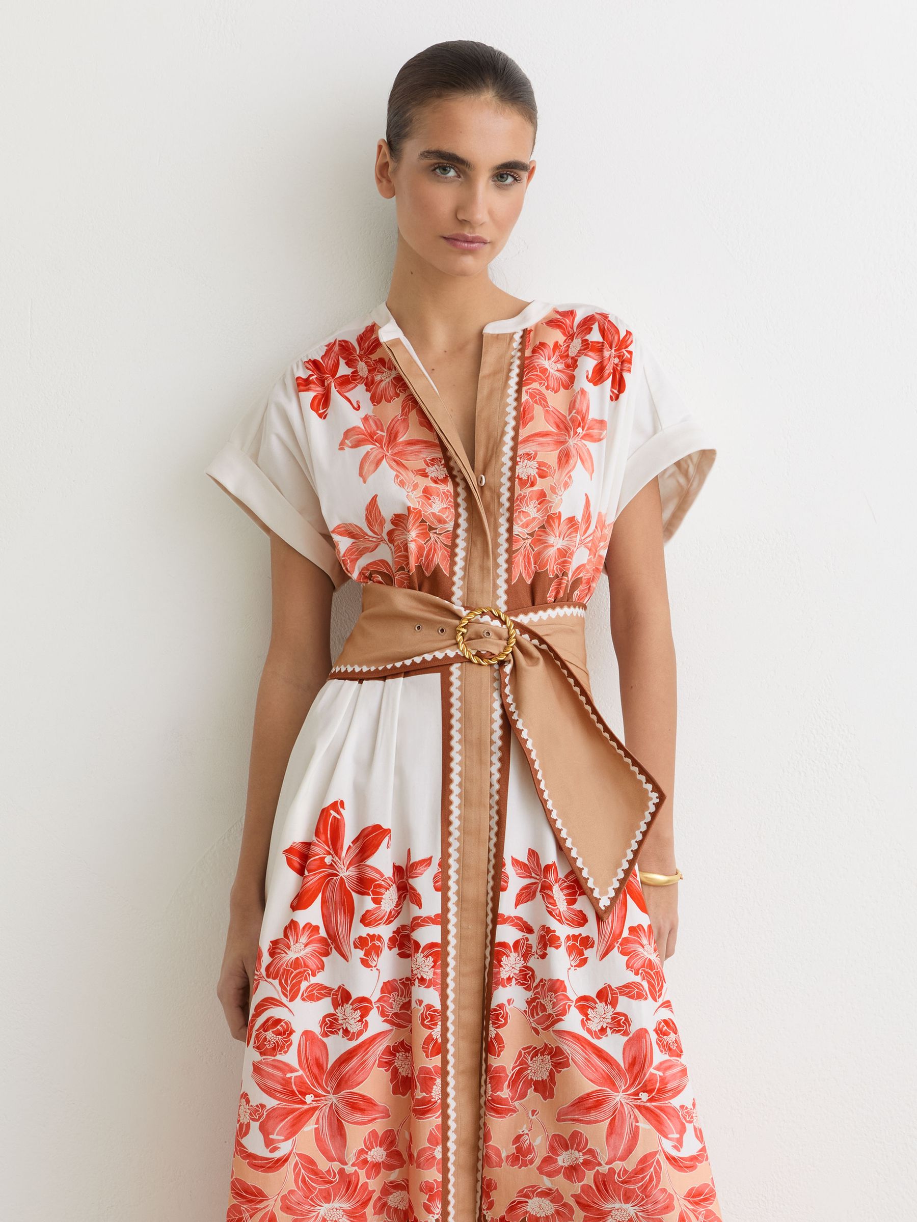 Cotton Floral Belted Midi Dress with Stretch in Pink/Ivory - Image 3 of 7