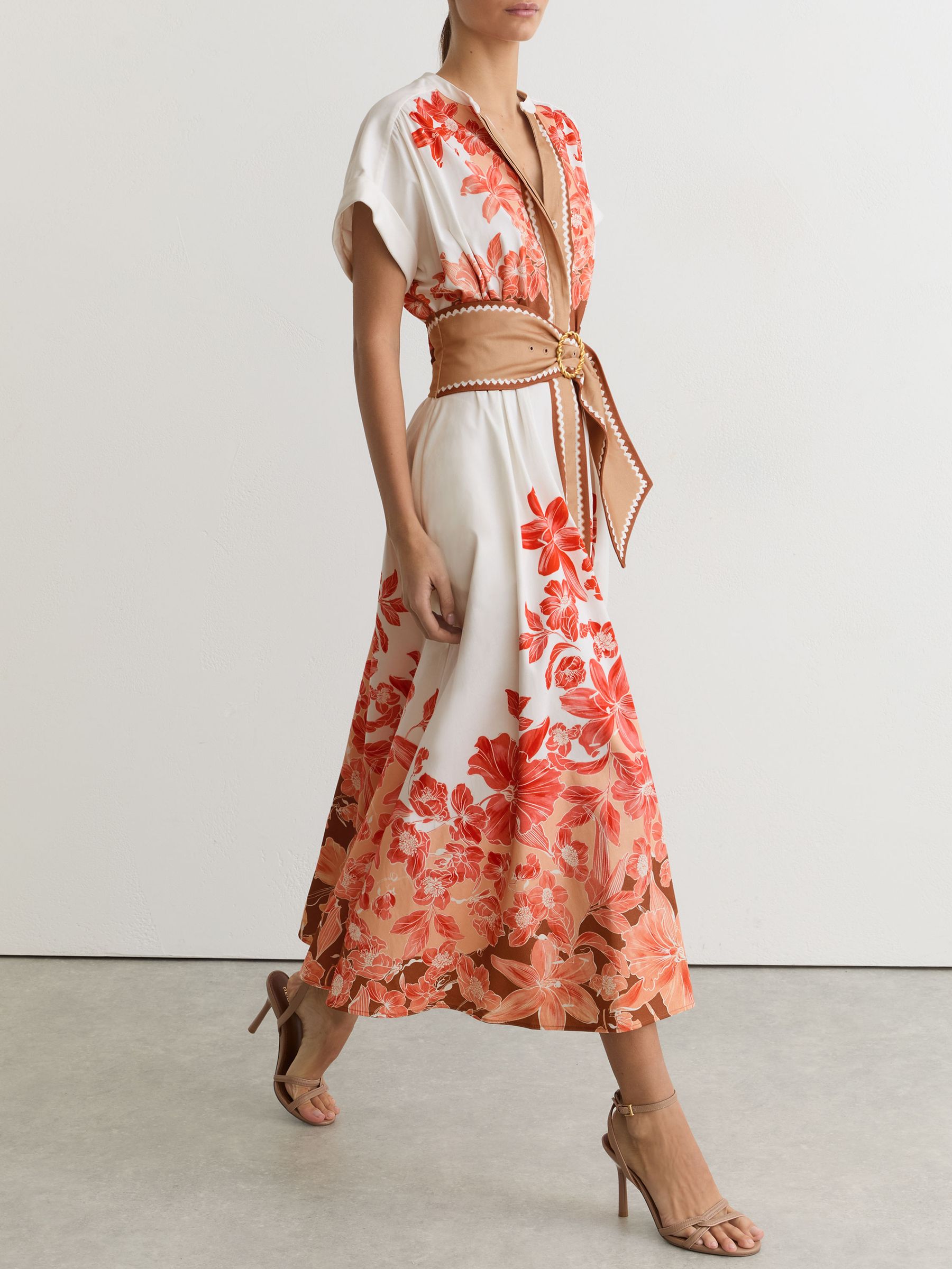 Cotton Floral Belted Midi Dress with Stretch in Pink/Ivory - Image 4 of 7