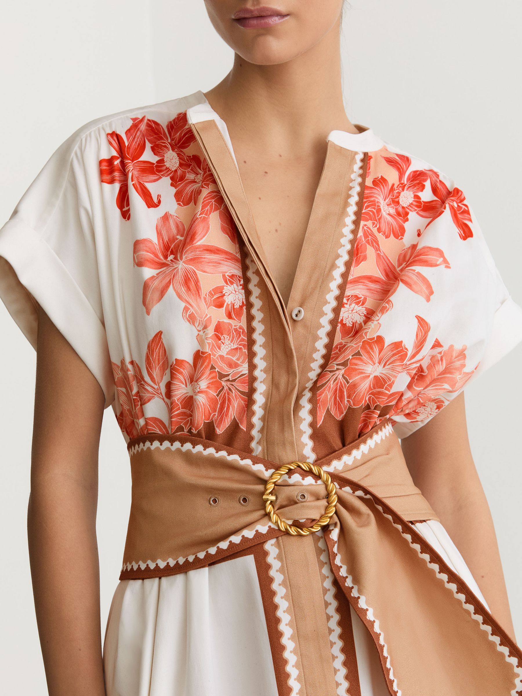 Cotton Floral Belted Midi Dress with Stretch in Pink/Ivory - Image 5 of 7