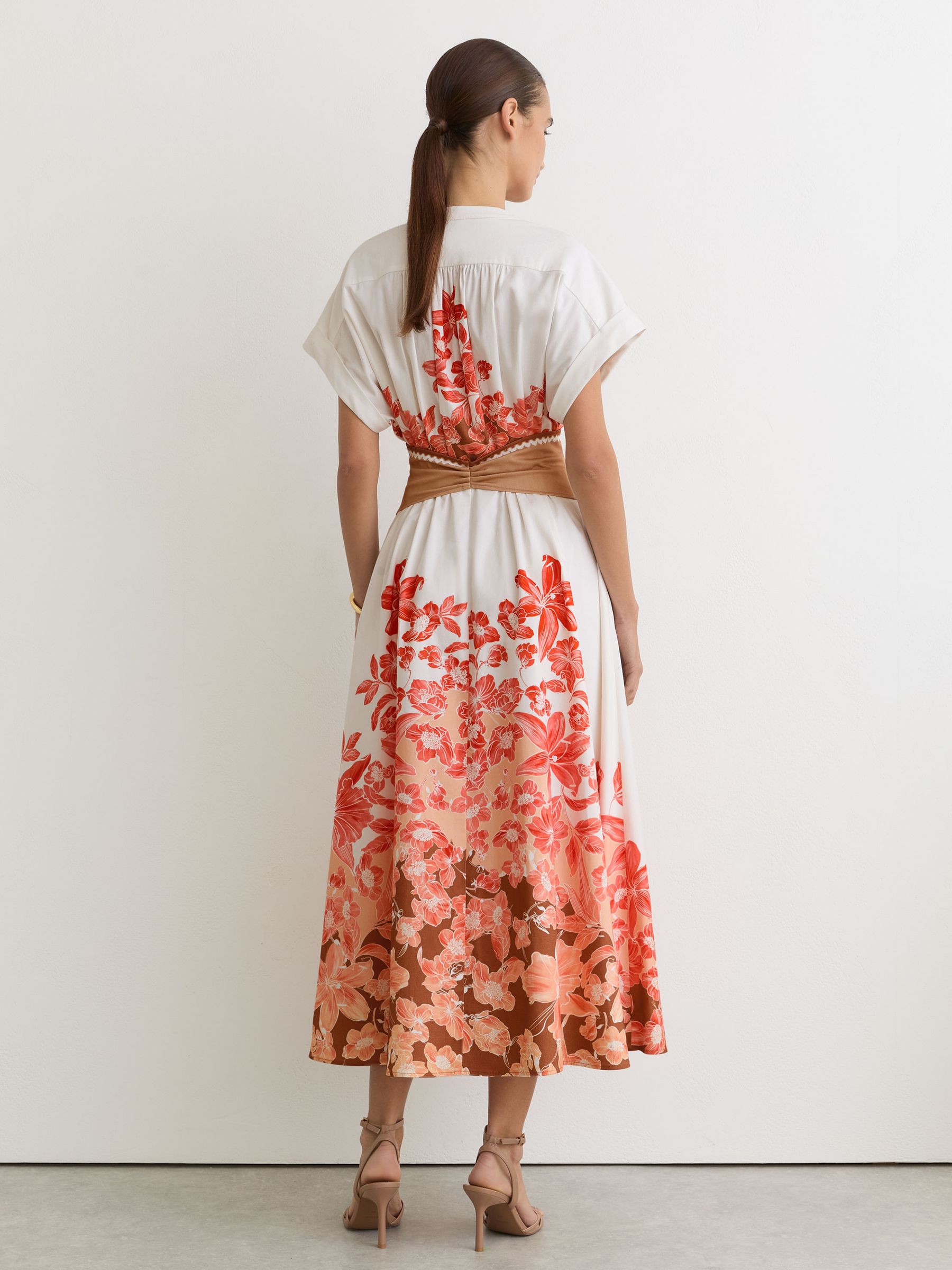 Cotton Floral Belted Midi Dress with Stretch in Floral Pink/Ivory - image 4