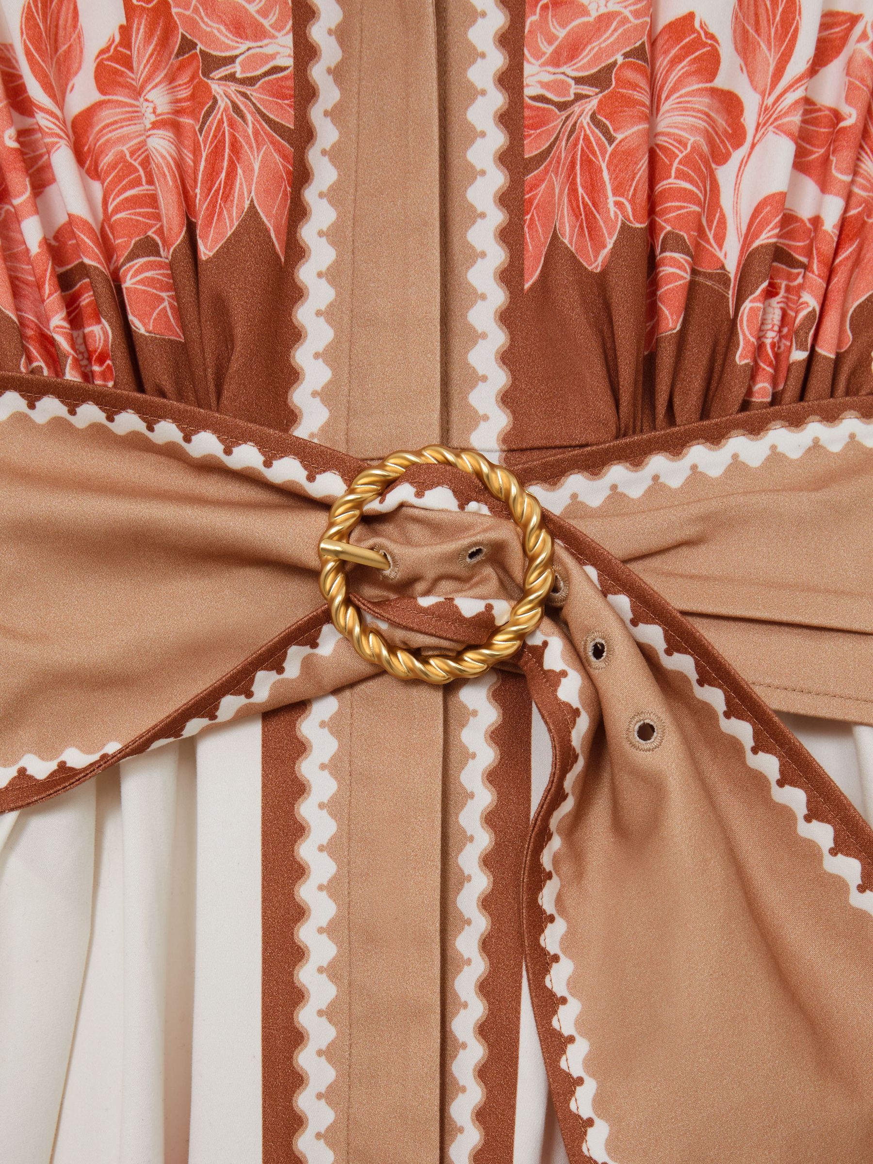 Cotton Floral Belted Midi Dress with Stretch in Pink/Ivory - Image 7 of 7