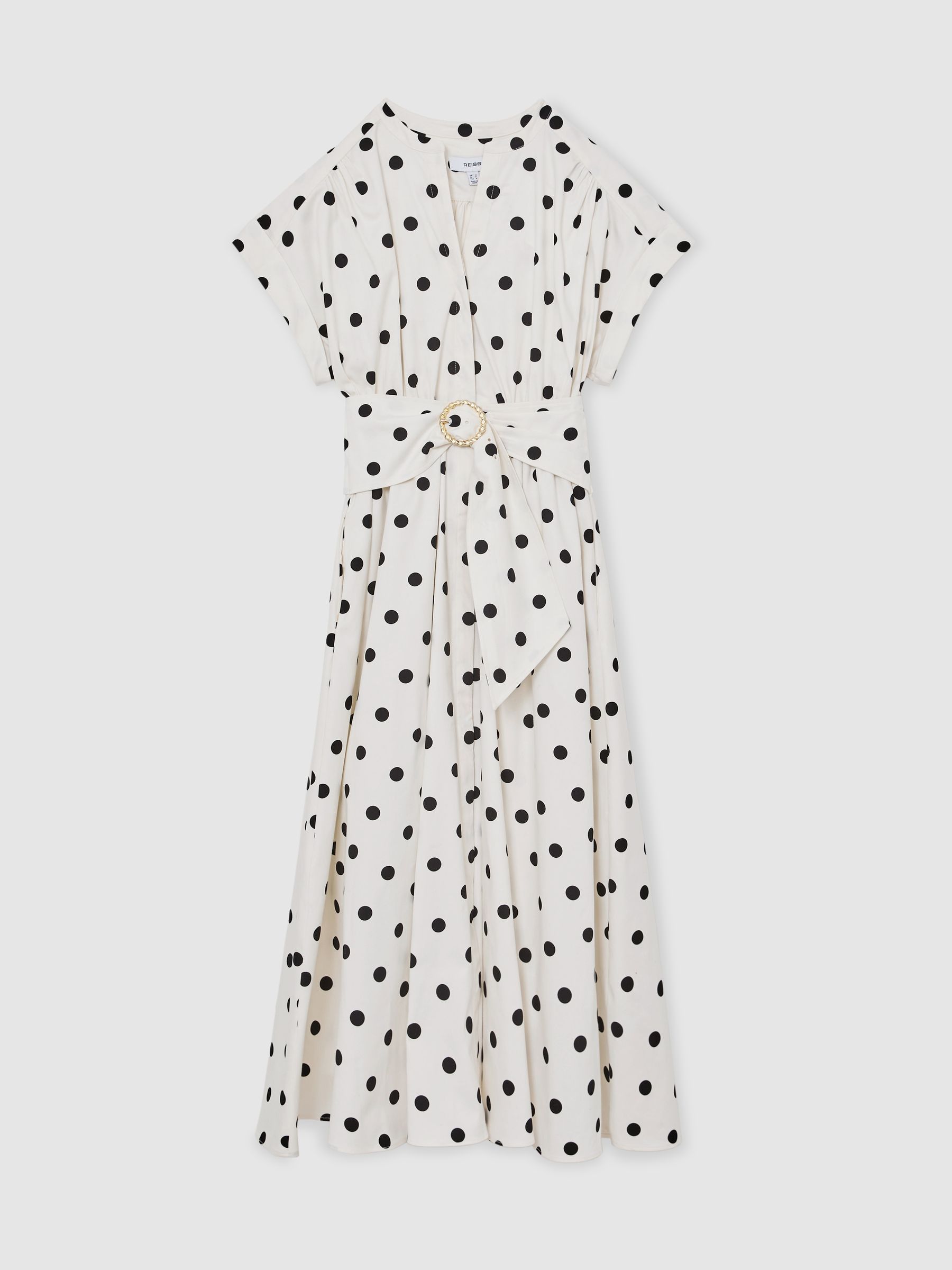 Cotton Floral Belted Midi Dress with Stretch in Black/Ivory Polka-Dot - image 1