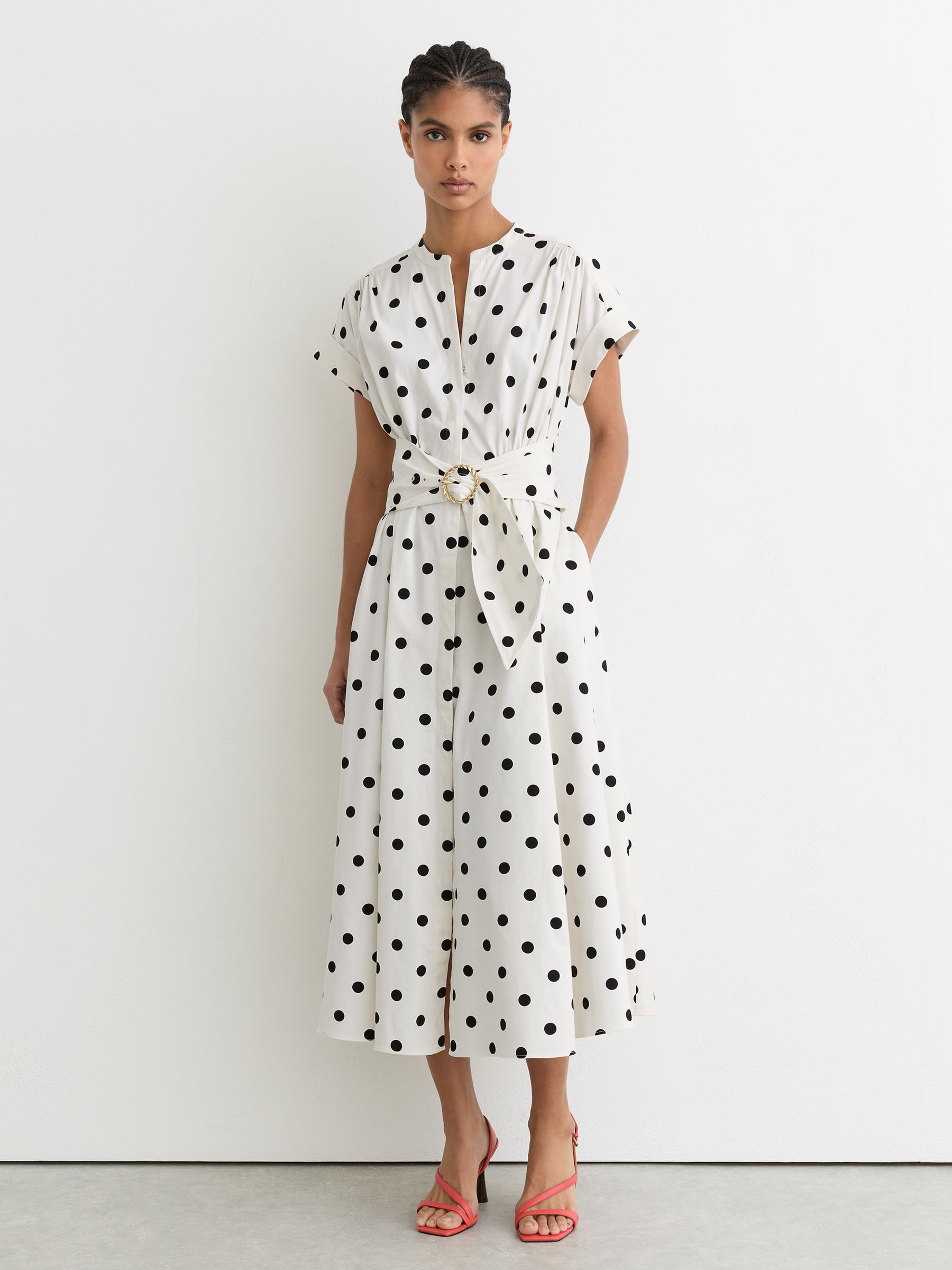 Cotton Polka-Dot Belted Midi Dress with Stretch in Black/Ivory - Image 3 of 7
