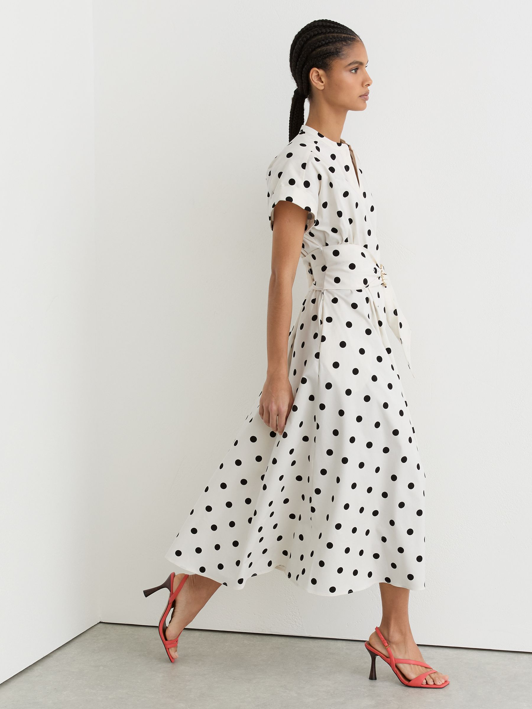 Cotton Floral Belted Midi Dress with Stretch in Black/Ivory Polka-Dot - image 5