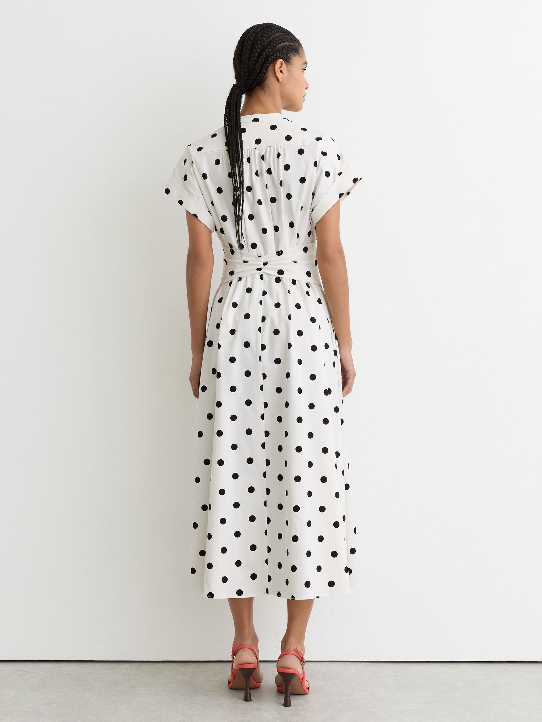 Cotton Floral Belted Midi Dress with Stretch in Black/Ivory Polka-Dot - image 4