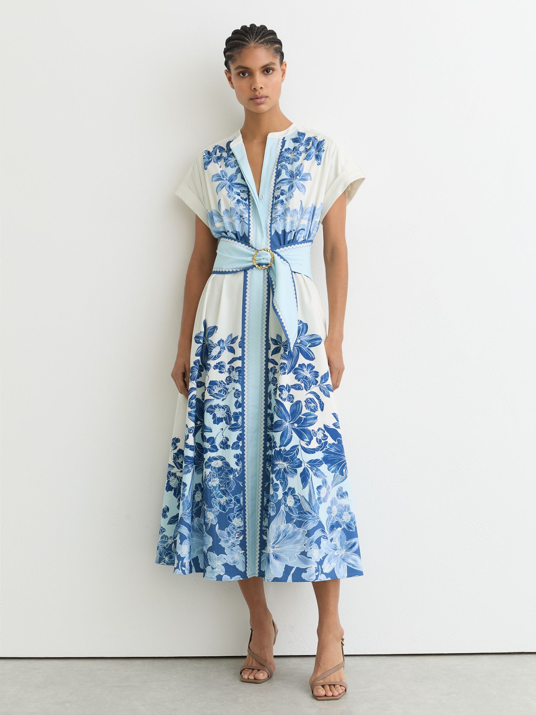 Cotton Floral Belted Midi Dress with Stretch in Blue/Ivory - Image 1 of 6