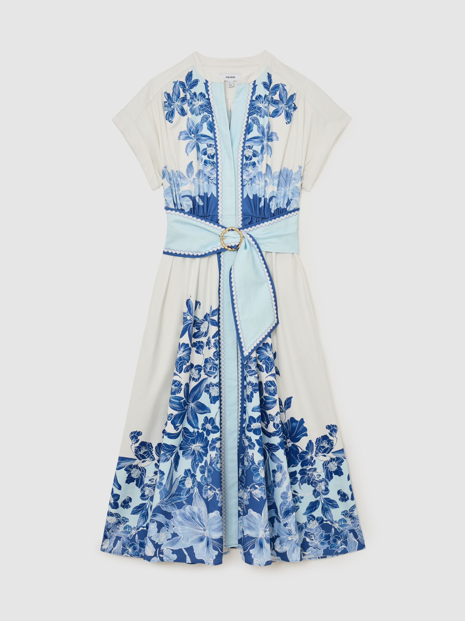 Cotton Floral Belted Midi Dress with Stretch in Blue/Ivory - Image 2 of 6