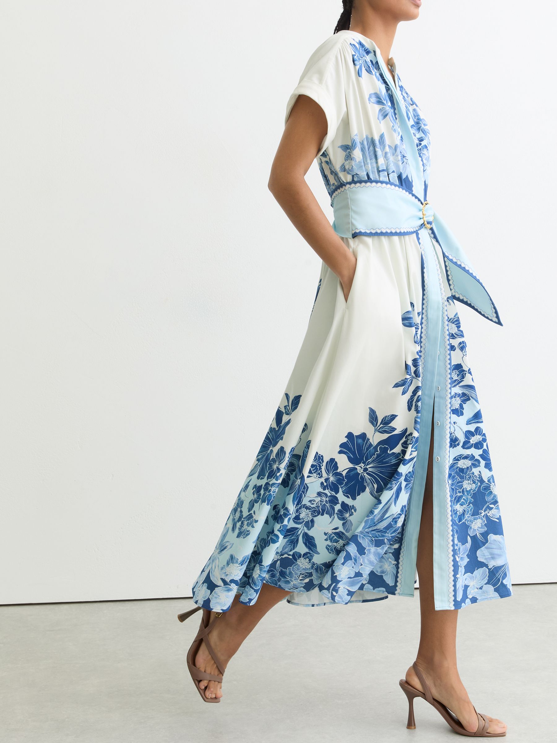 Cotton Floral Belted Midi Dress with Stretch in Blue/Ivory - Image 3 of 6