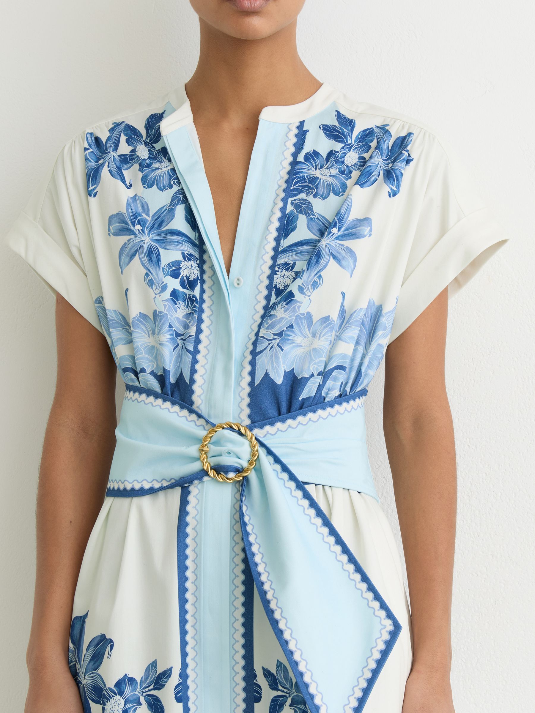 Cotton Floral Belted Midi Dress with Stretch in Blue/Ivory - image 3