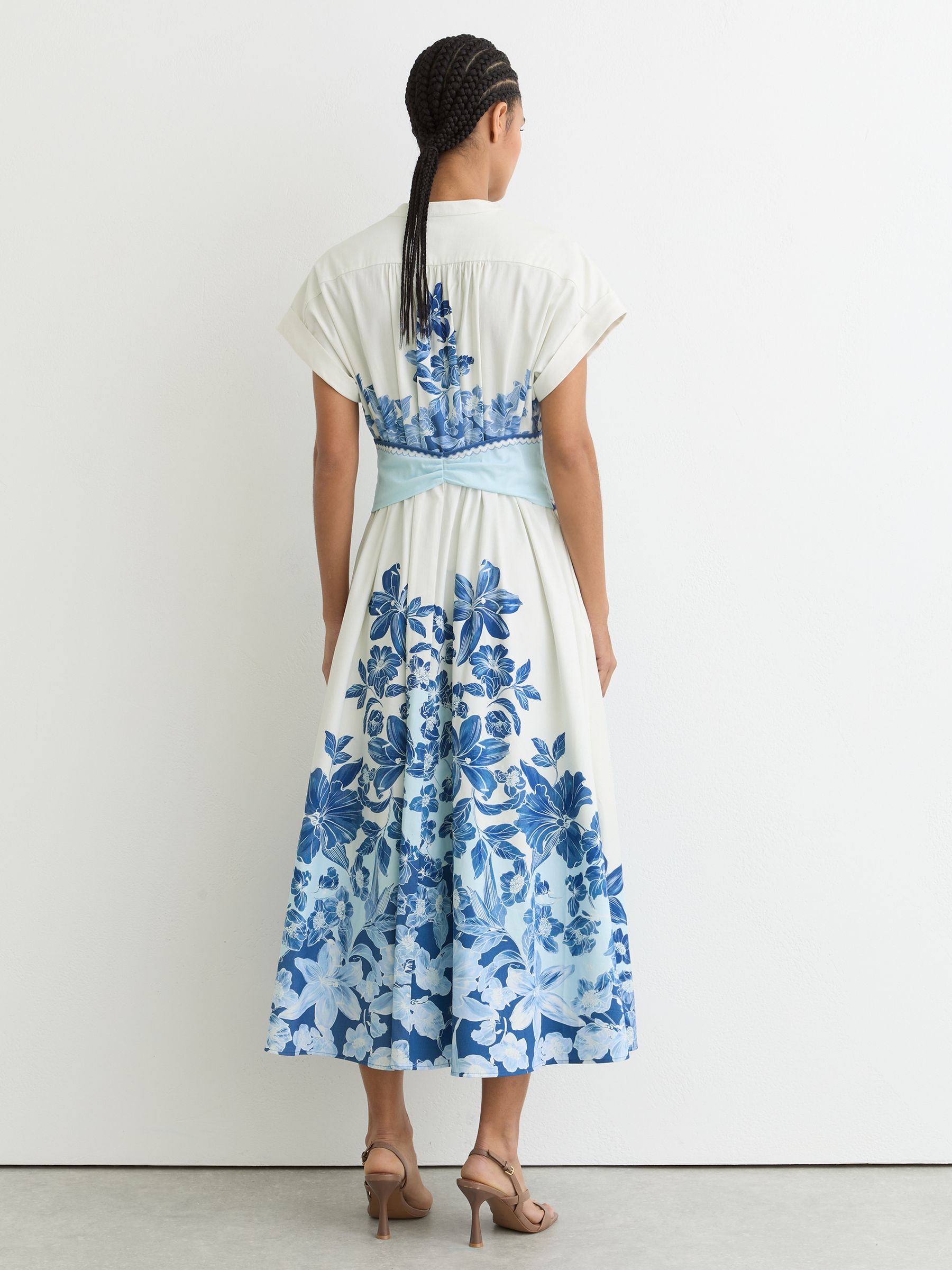 Cotton Floral Belted Midi Dress with Stretch in Blue/Ivory - image 5