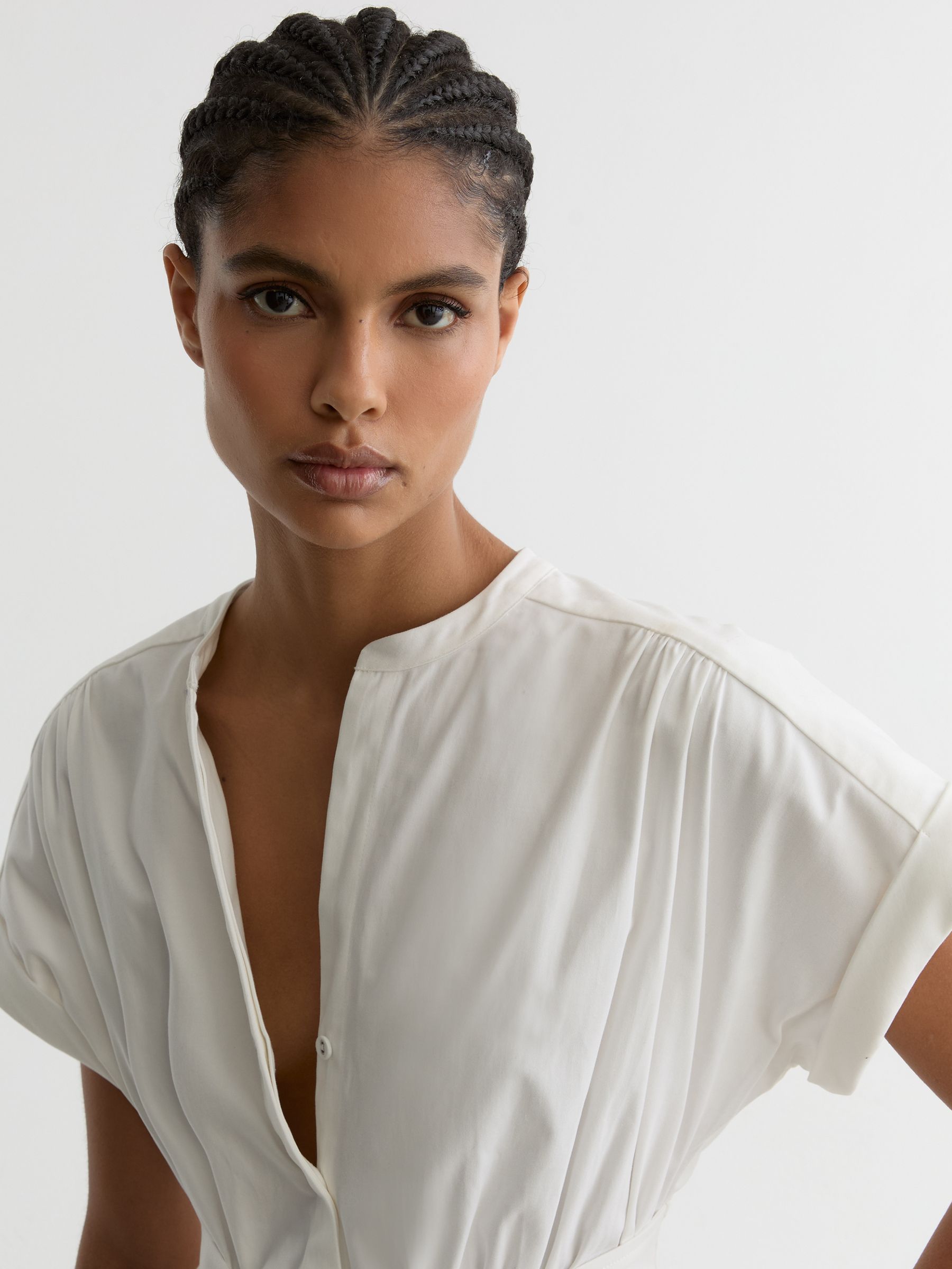 Cotton Short-Sleeve Belted Midi Dress with Stretch in Ivory - image 5