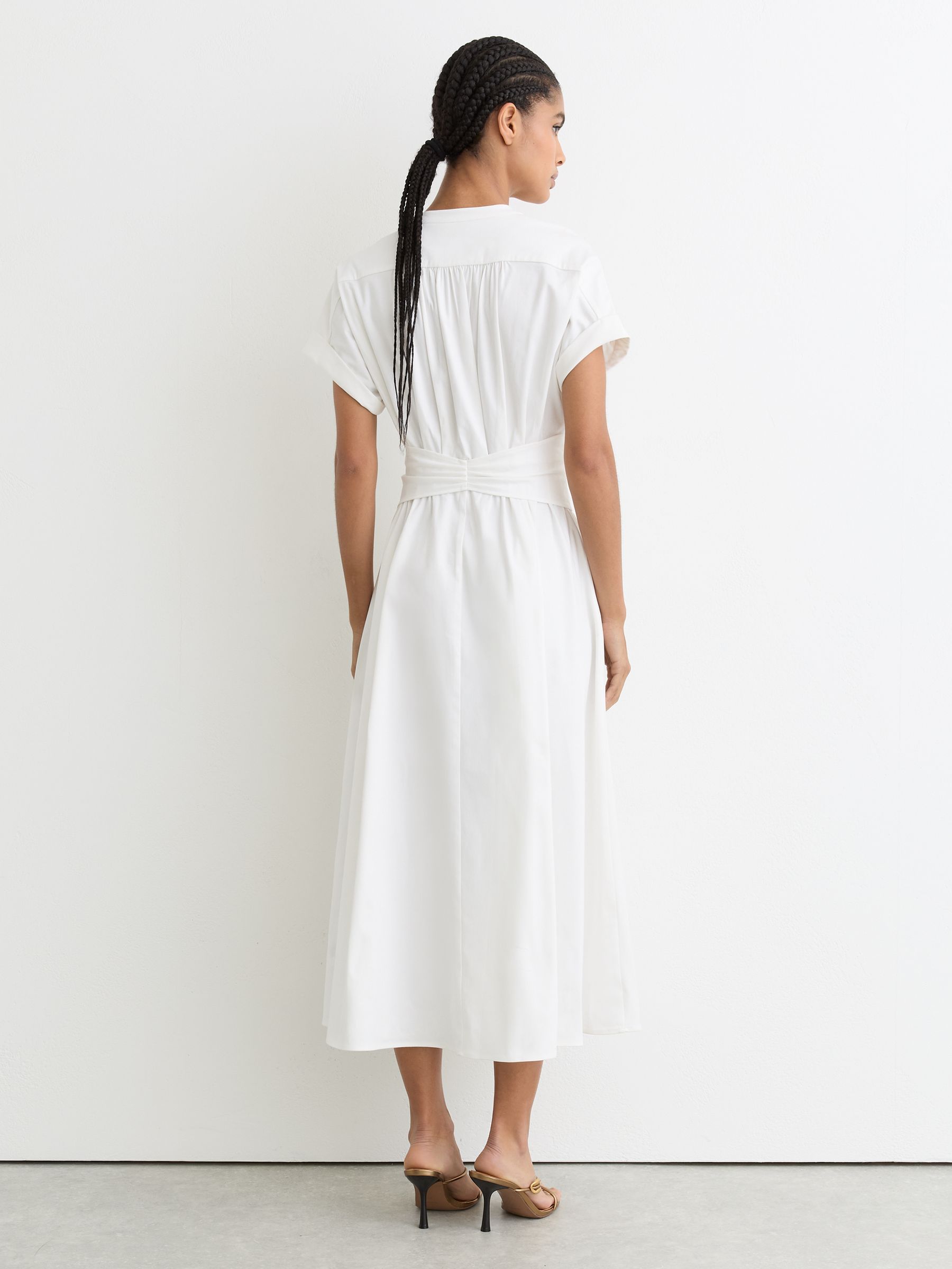 Cotton Short-Sleeve Belted Midi Dress with Stretch in Ivory - Image 4 of 7