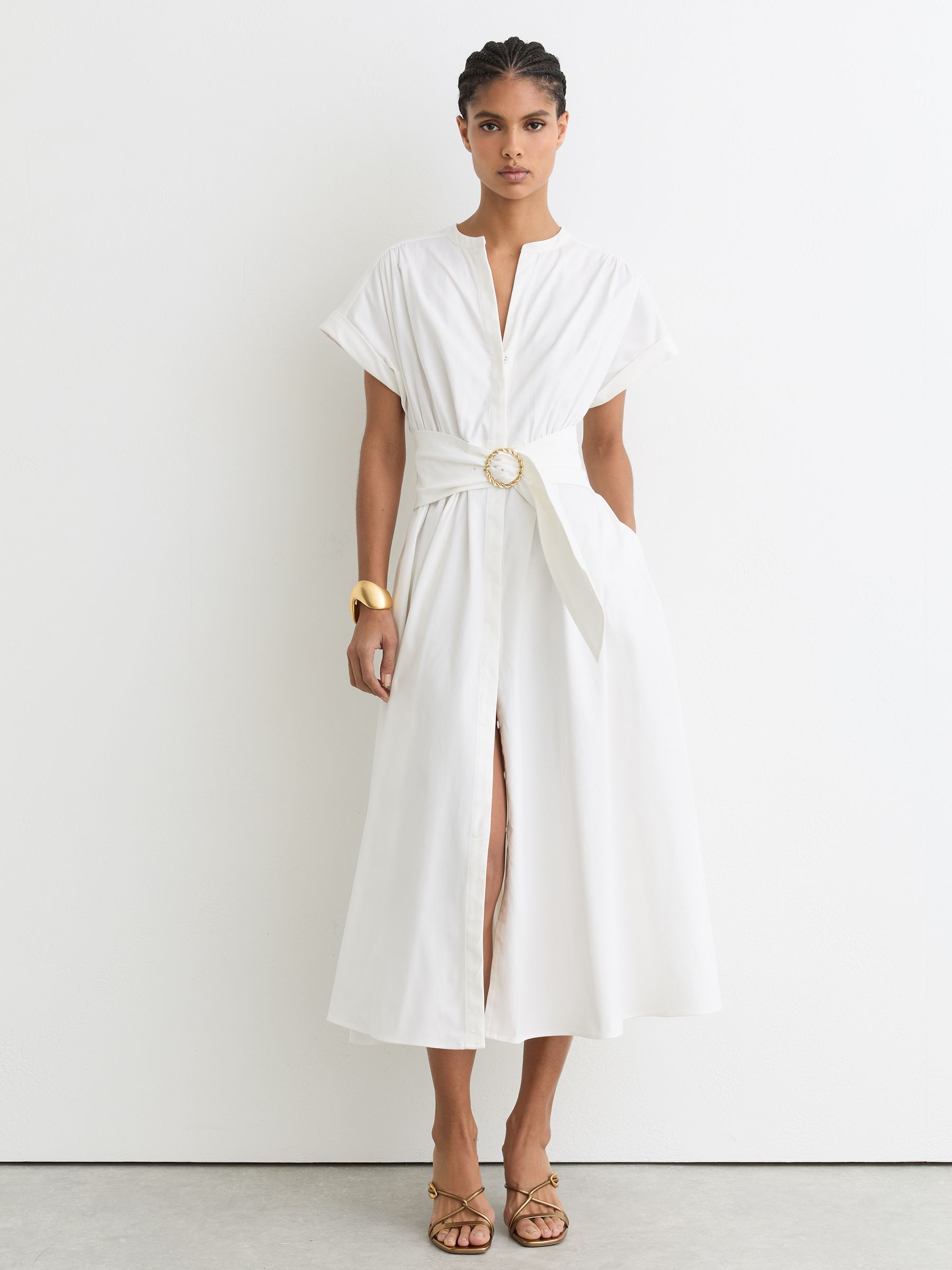 Cotton Short-Sleeve Belted Midi Dress with Stretch in Ivory - Image 5 of 7