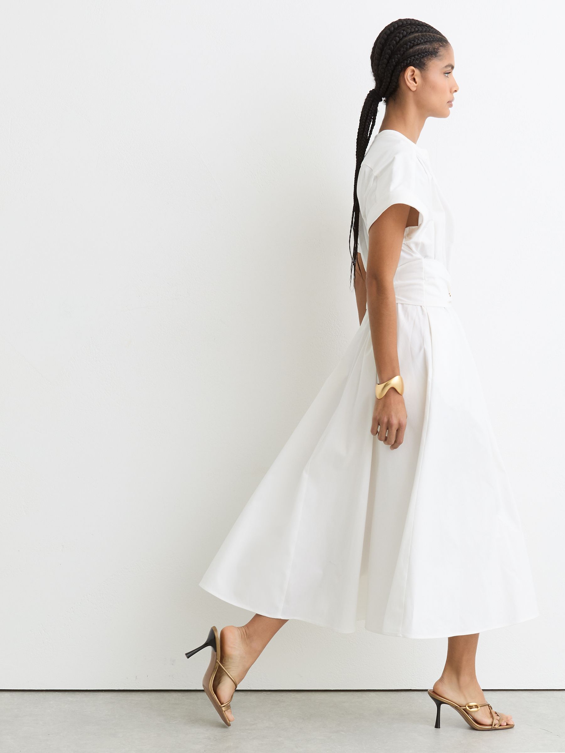 Cotton Short-Sleeve Belted Midi Dress with Stretch in Ivory - image 3