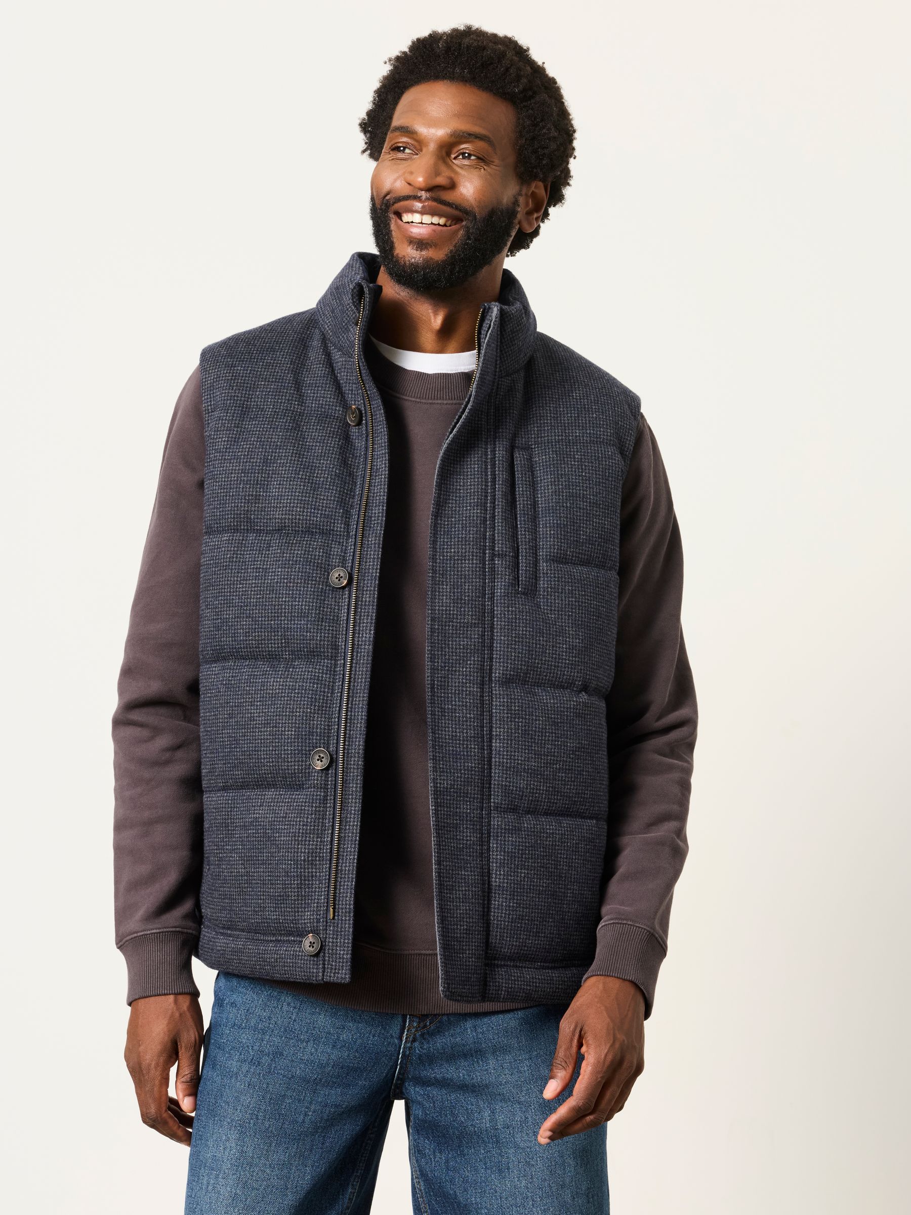 Tarn Micro Check Wool Mix Gilet in Navy - Image 1 of 7