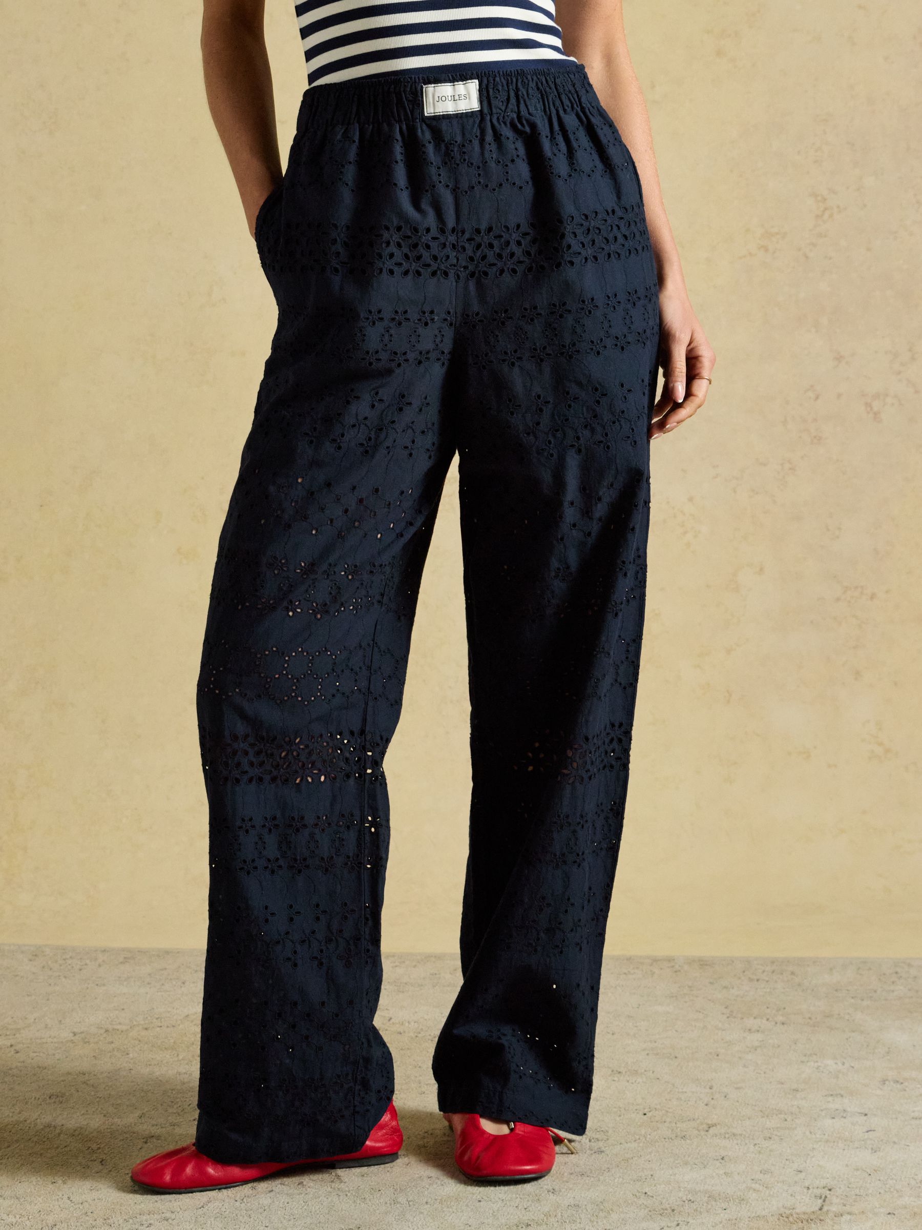 Hallie Navy Broderie Pull On Cotton Trousers - Image 1 of 6