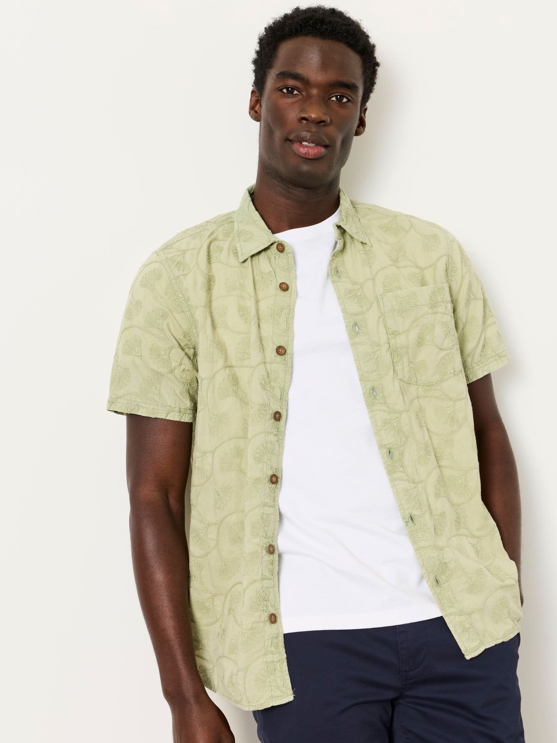 Green Short Sleeve Floral Embroidered Shirt - Image 1 of 5