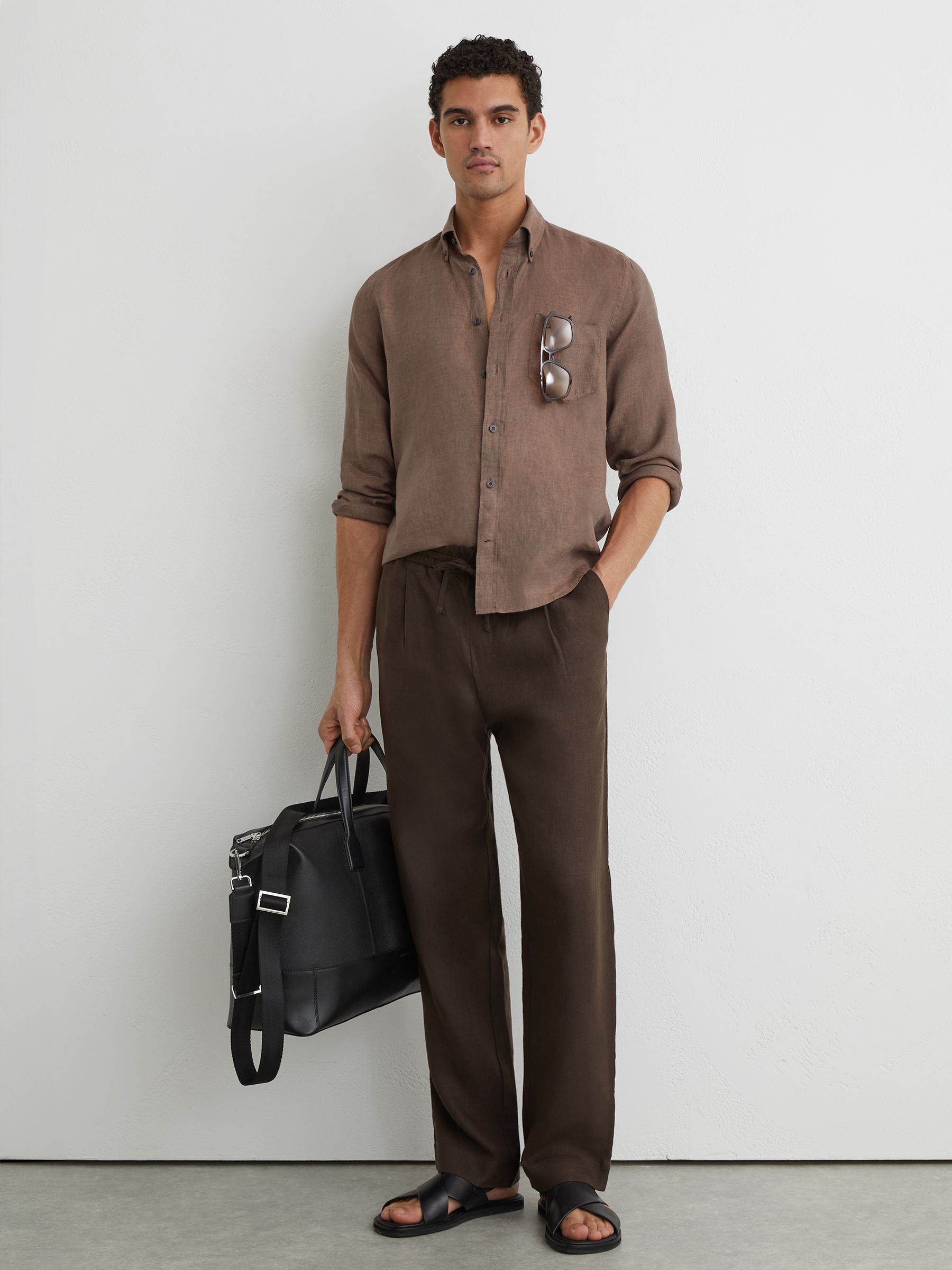 Linen Regular-Fit Button-Down Shirt in Espresso Brown - Image 1 of 7