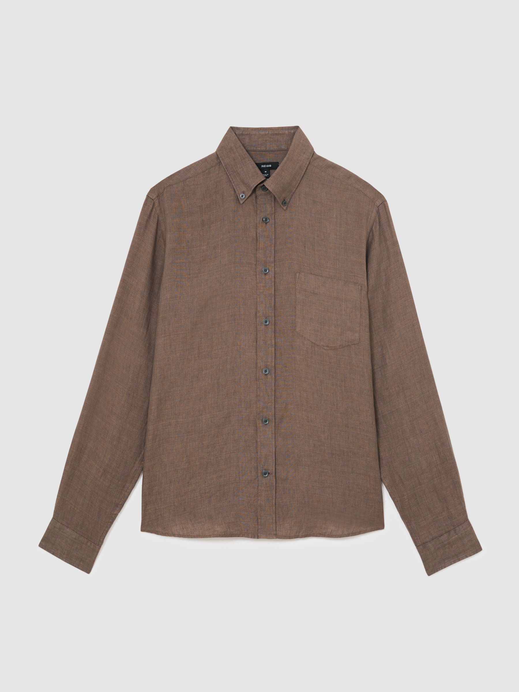 Linen Regular-Fit Button-Down Shirt in Espresso Brown - Image 2 of 7
