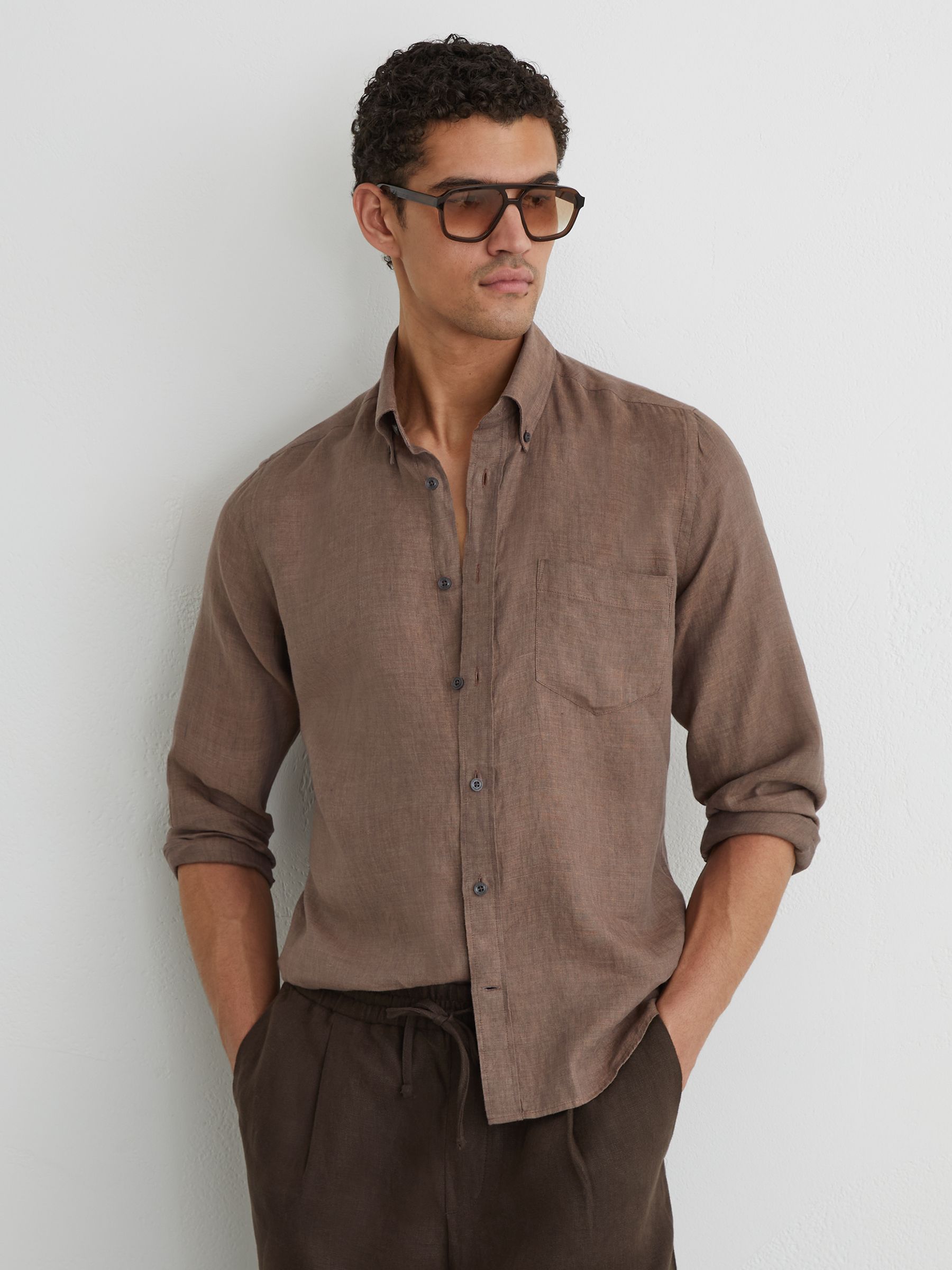 Linen Regular-Fit Button-Down Shirt in Espresso Brown - Image 4 of 7