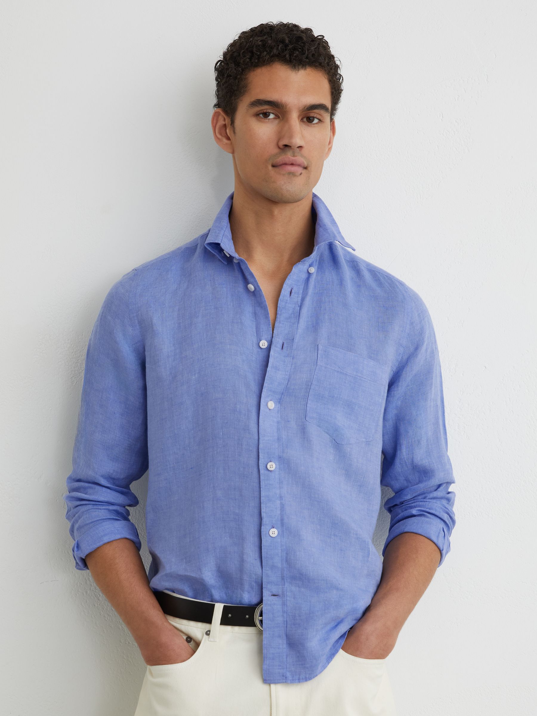 Linen Regular-Fit Button-Down Shirt in Buddy Blue - Image 1 of 6