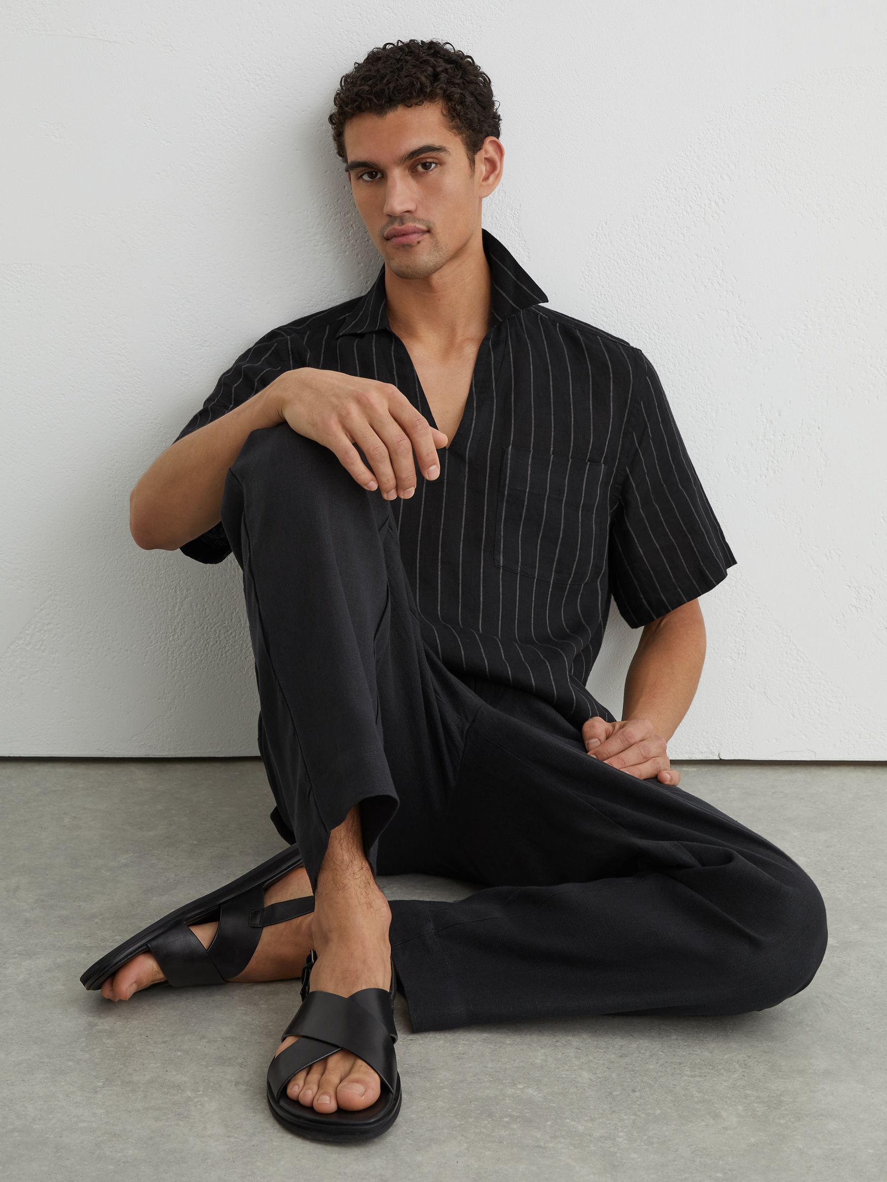 Linen Pinstripe Open-Collar Shirt in Black - Image 1 of 7