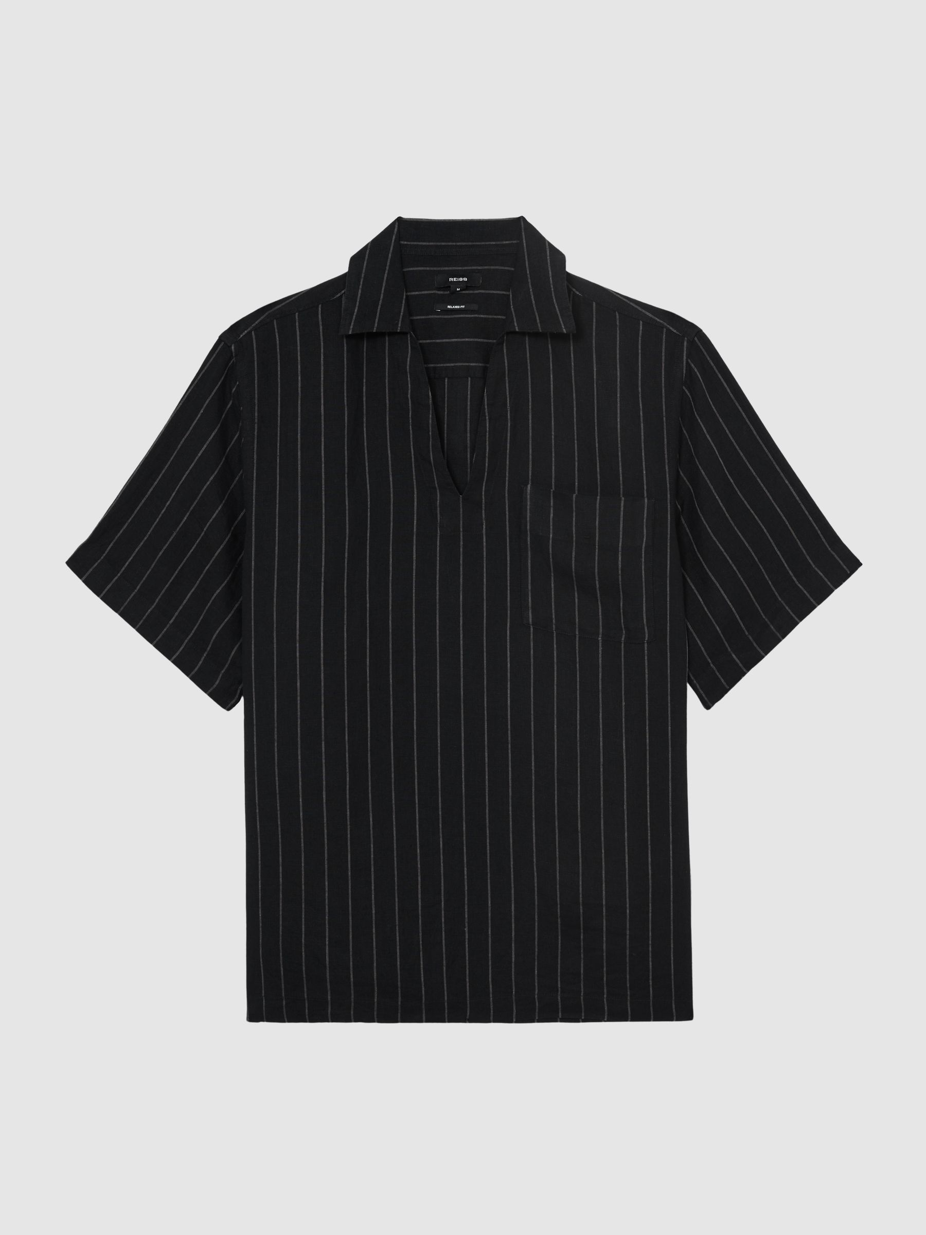 Linen Pinstripe Open-Collar Shirt in Black - Image 2 of 7