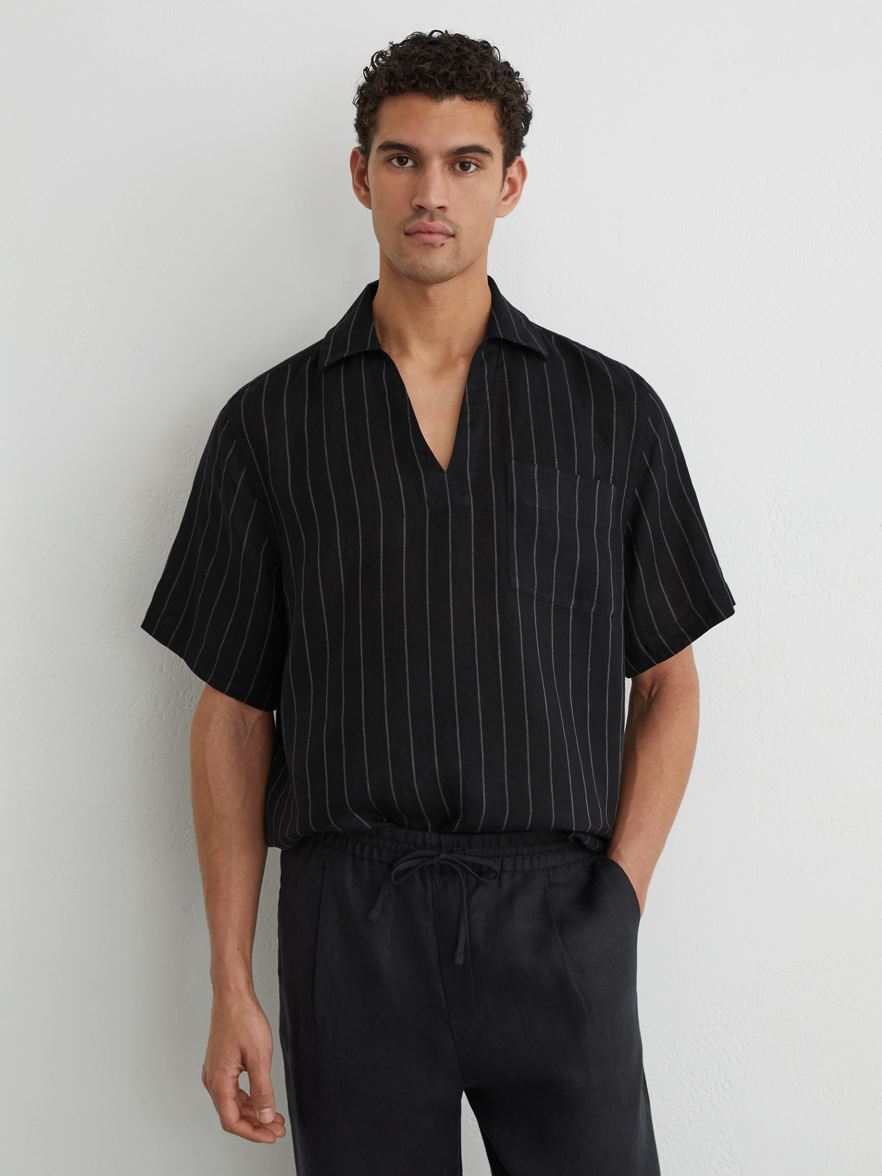 Linen Pinstripe Open-Collar Shirt in Black - Image 3 of 7