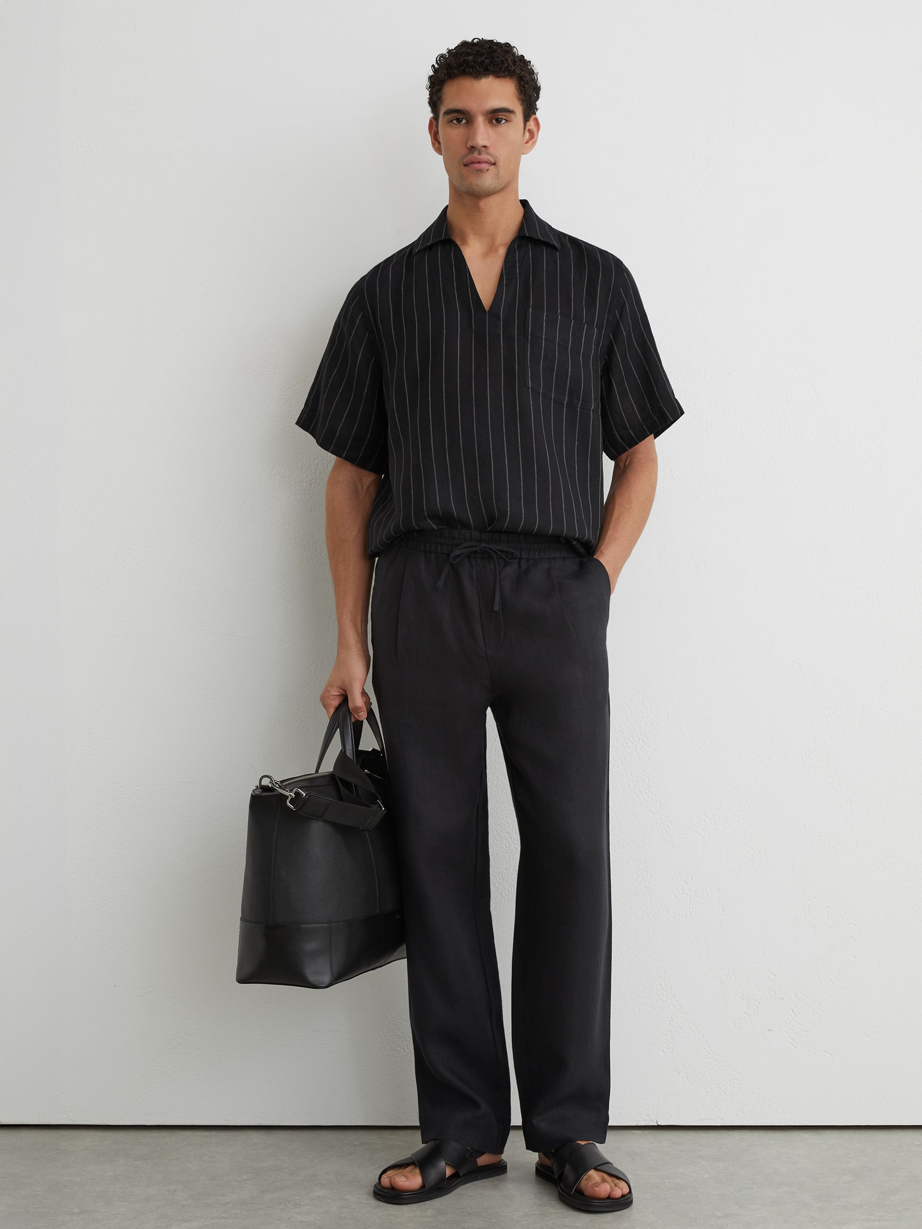 Linen Pinstripe Open-Collar Shirt in Black - Image 4 of 7
