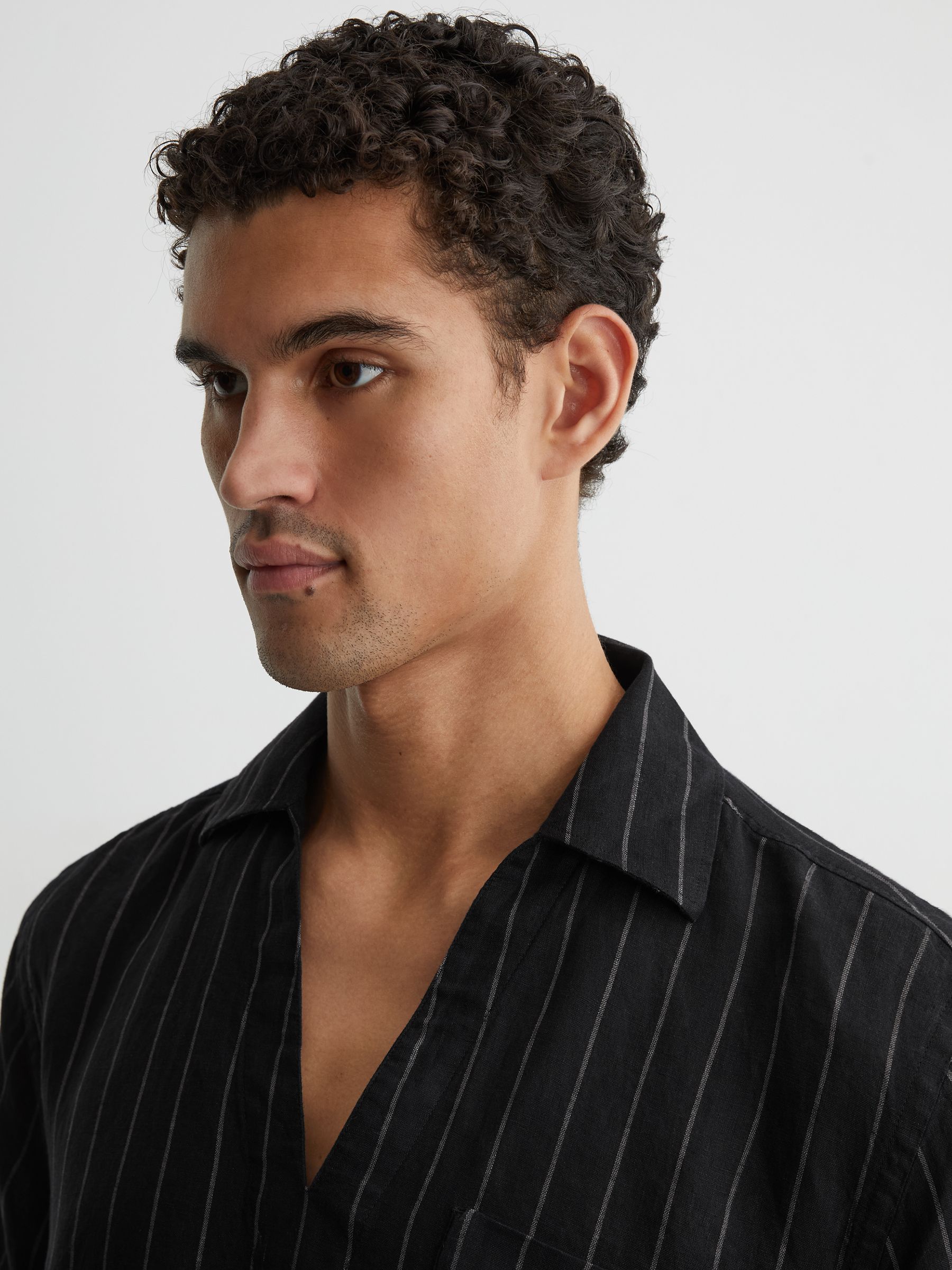 Linen Pinstripe Open-Collar Shirt in Black - image 4
