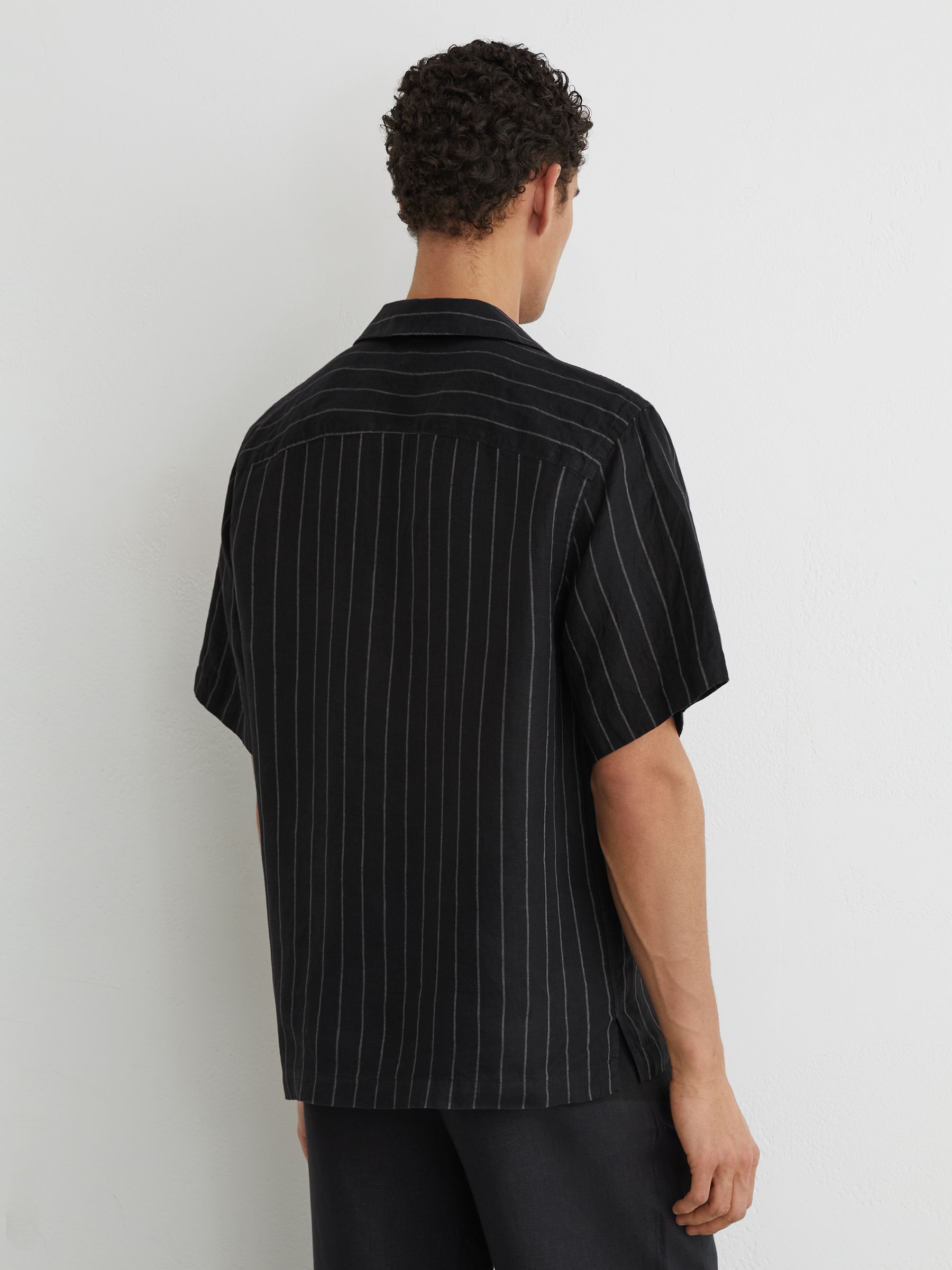 Linen Pinstripe Open-Collar Shirt in Black - Image 6 of 7