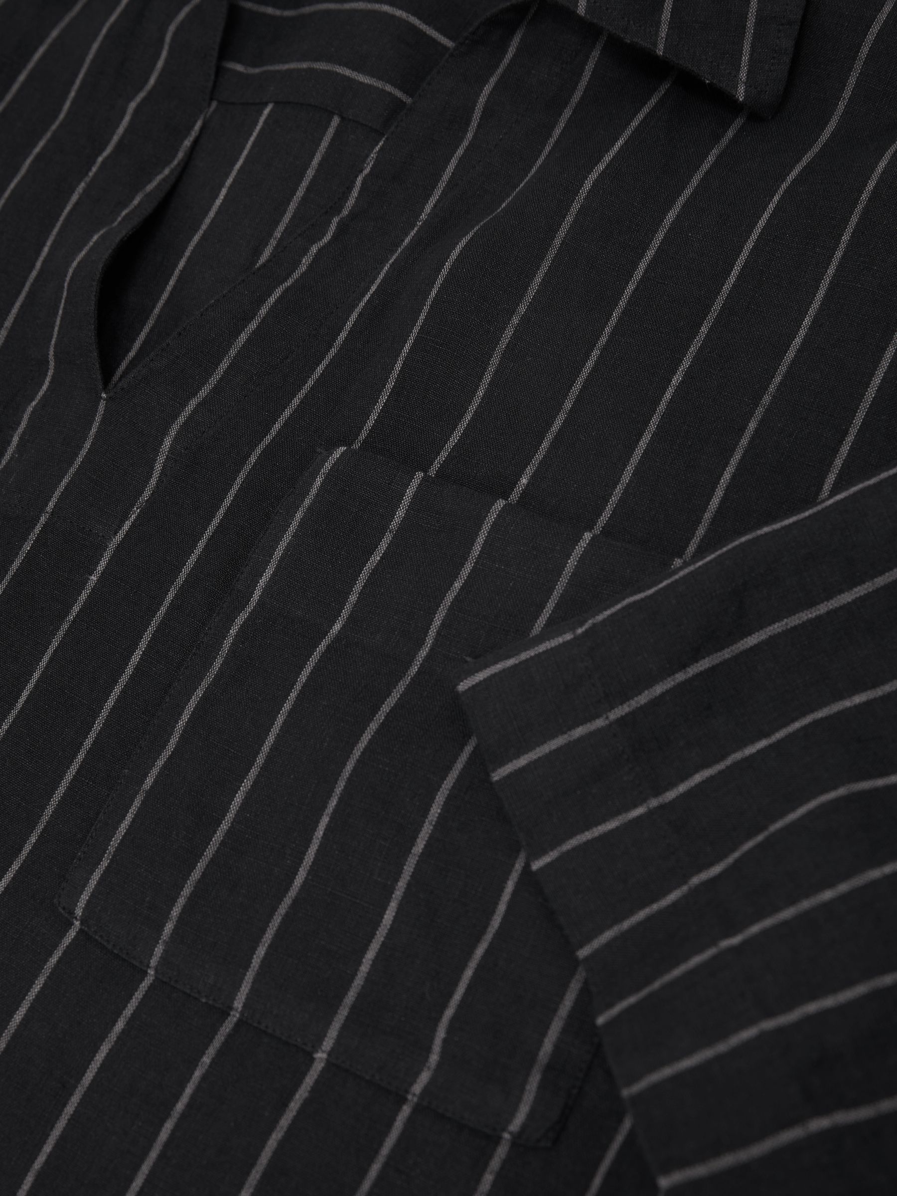 Linen Pinstripe Open-Collar Shirt in Black - image 3