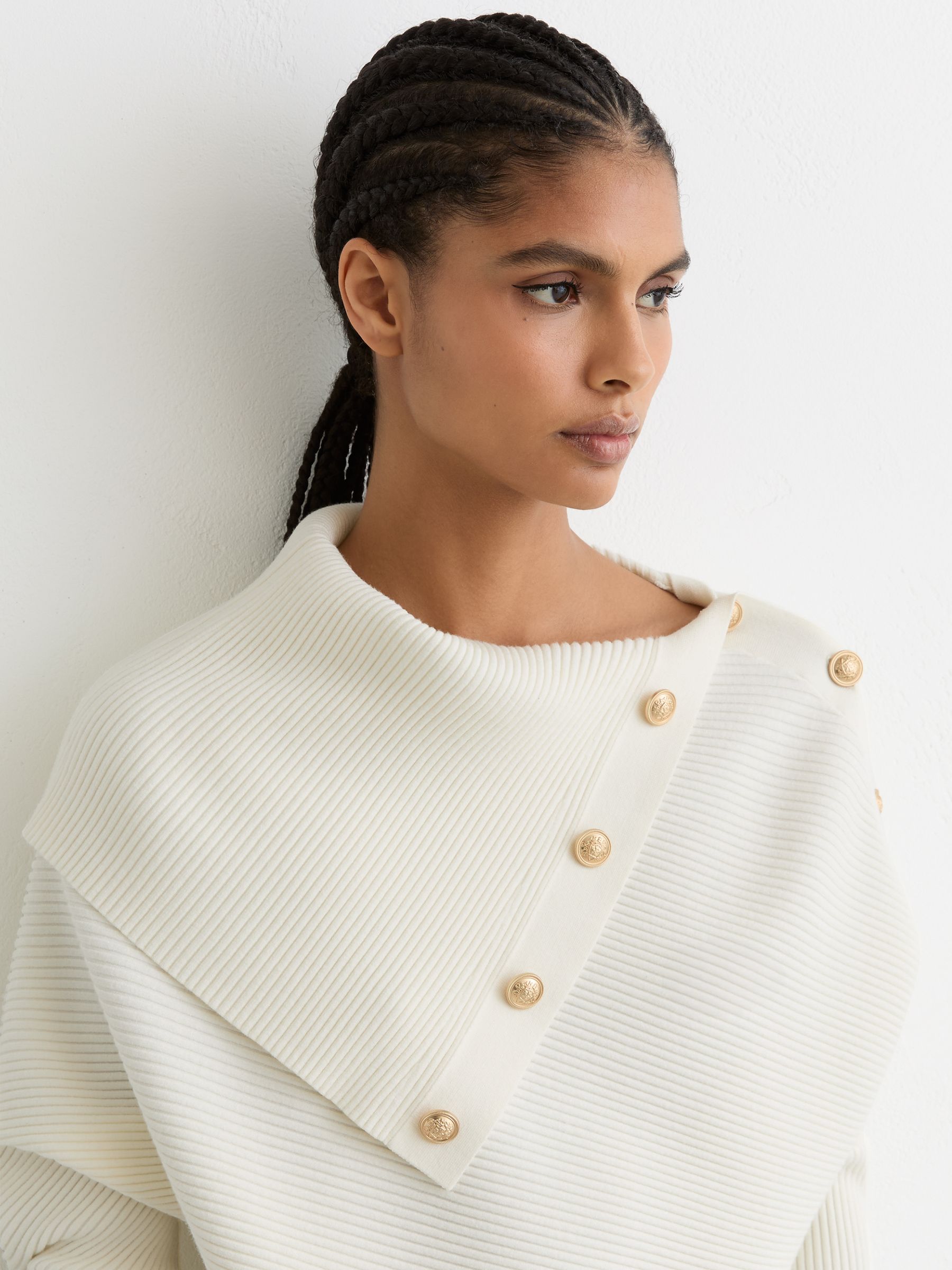 Rib-Knit Button Shawl Jumper in Ivory - Image 3 of 7
