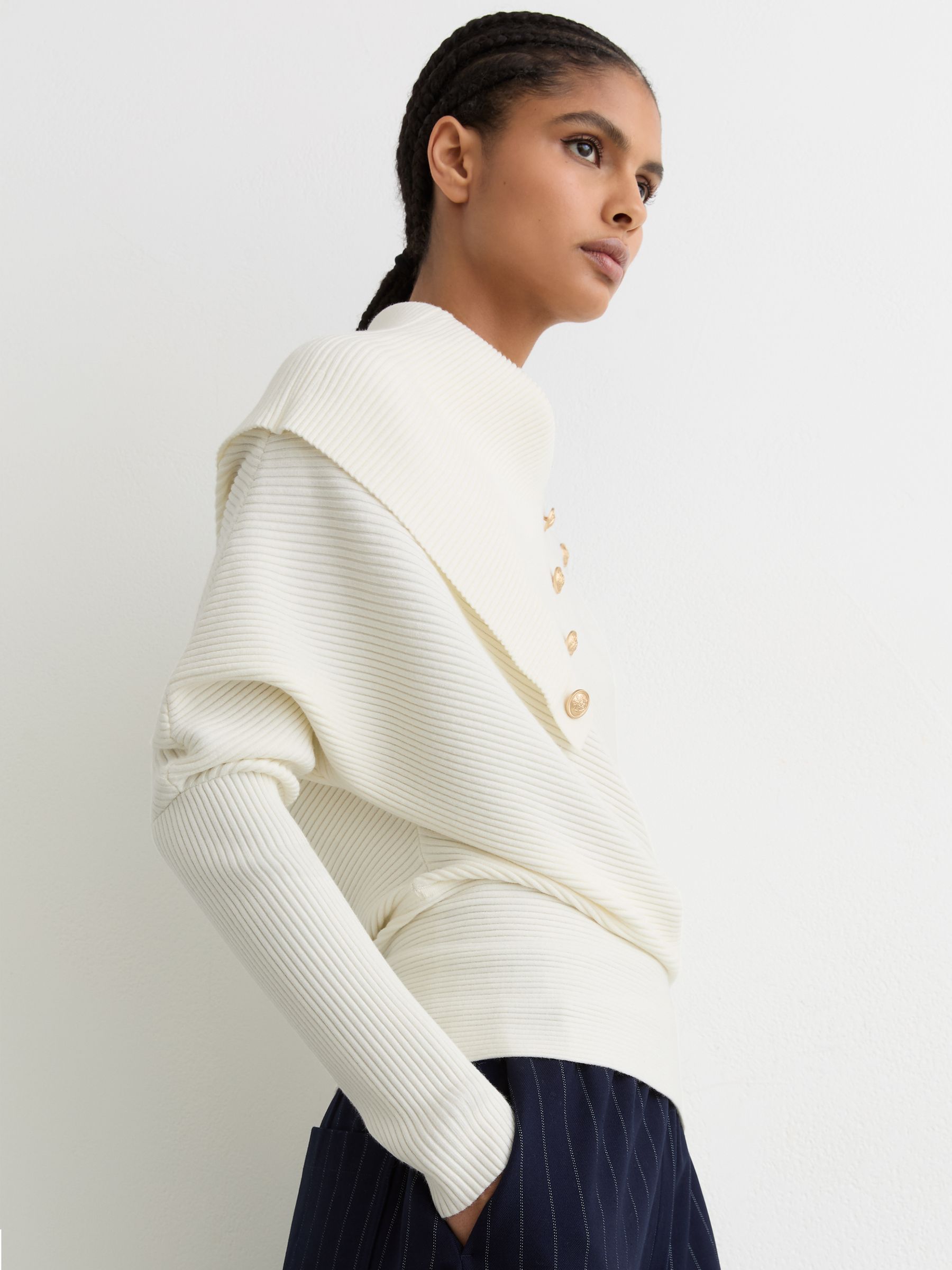 Rib-Knit Button Shawl Jumper in Ivory - Image 4 of 7
