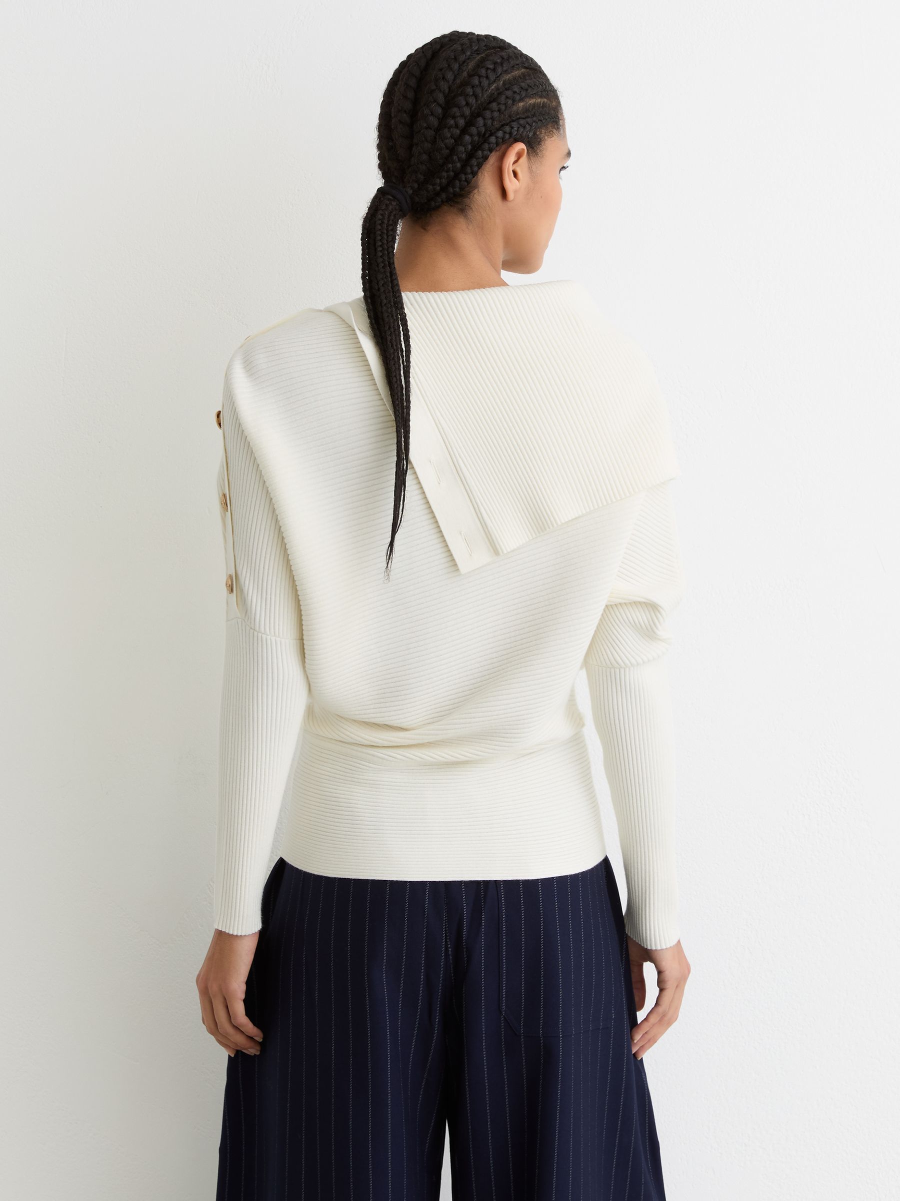 Rib-Knit Button Shawl Jumper in Ivory - Image 5 of 7